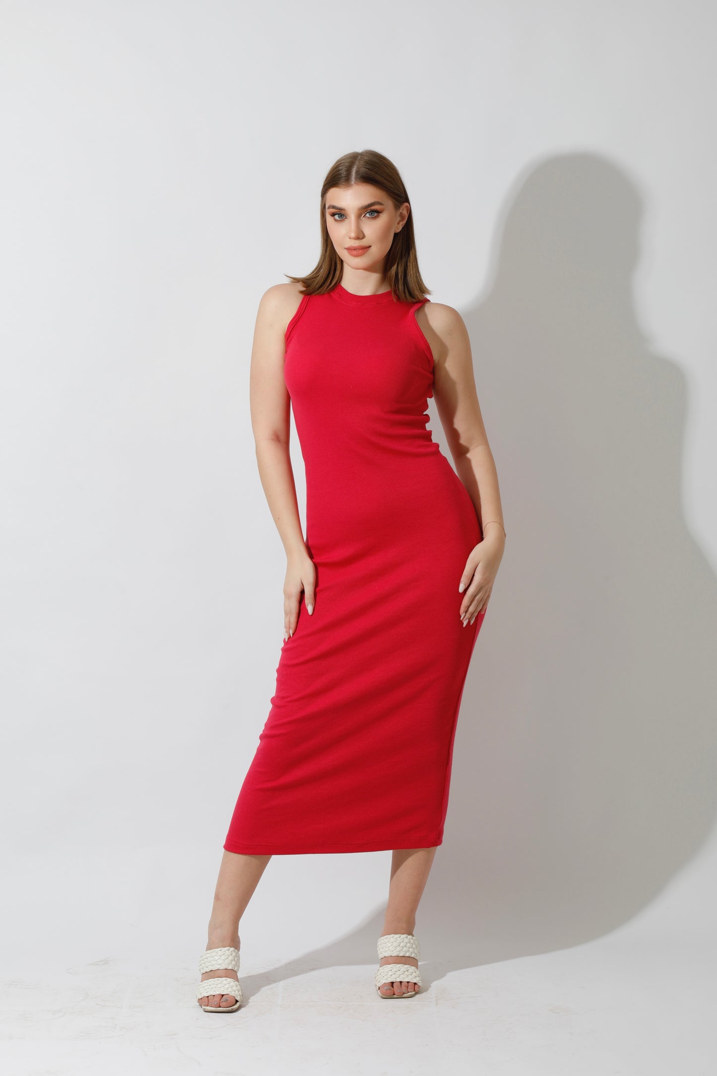 Slinky High Neck Midi Sleeveless Dress - Barbie Pink