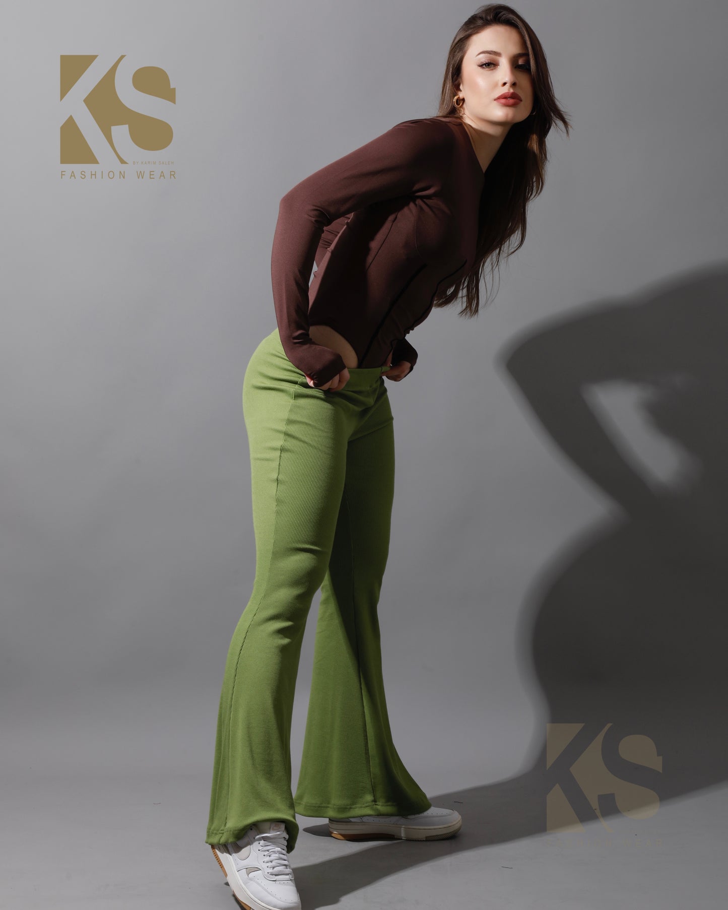 Slinky Flared Trousers - Kiwi Green
