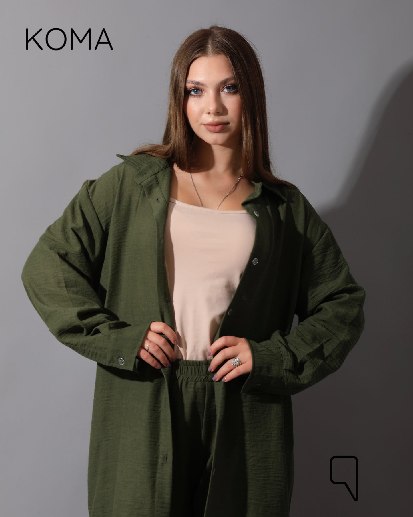 Co-Ord Lenin Long Sleeve Shirt & Wide Leg Trousers - Olive