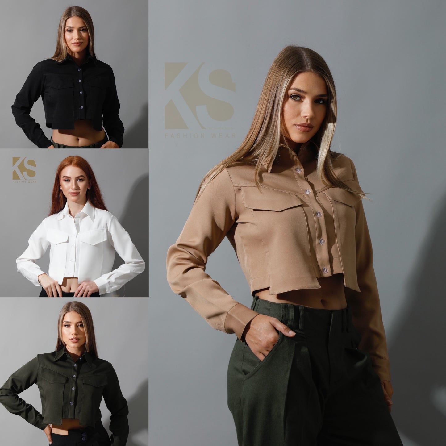 Pockets Cropped Shirt - Beige
