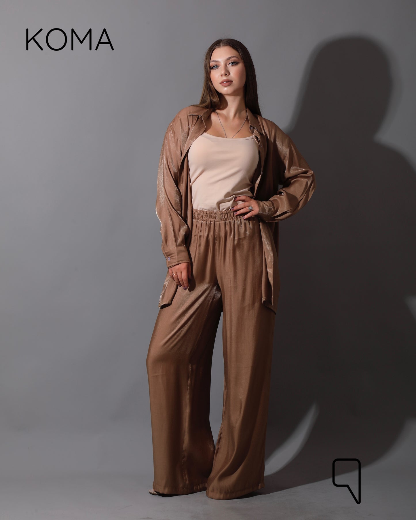 Shemer Long Shirt & Wide Leg Trousers Set - Camel