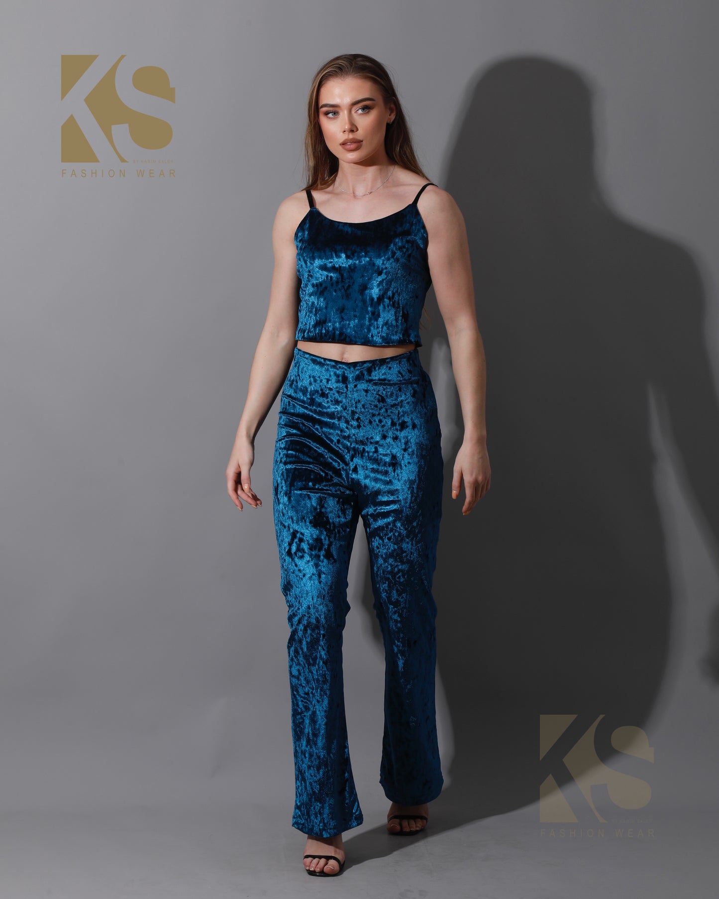 Velvet Crop Top & Bootcut Trousers Set - Petrol