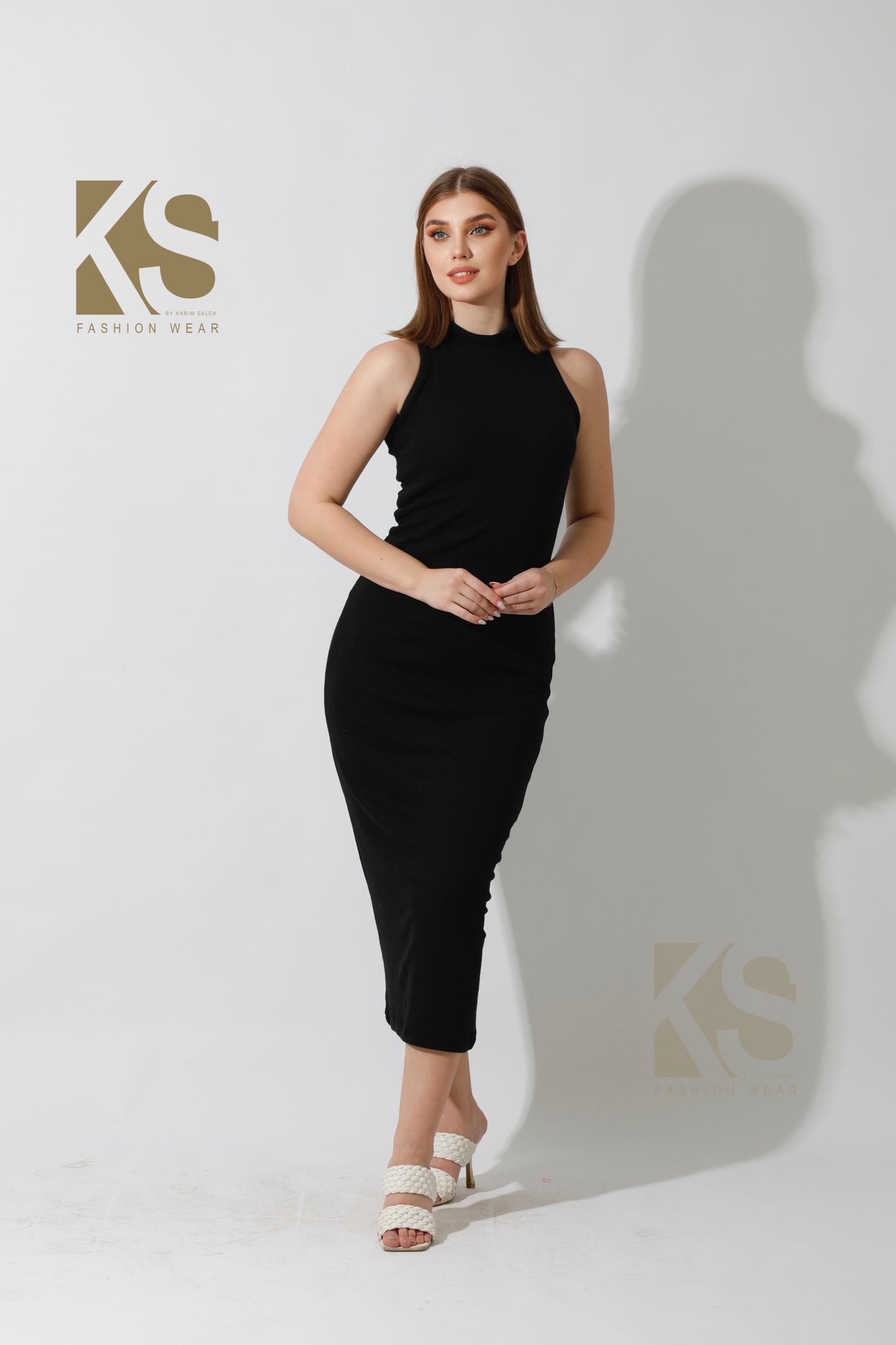 Slinky High Neck Midi Sleeveless Dress - Black