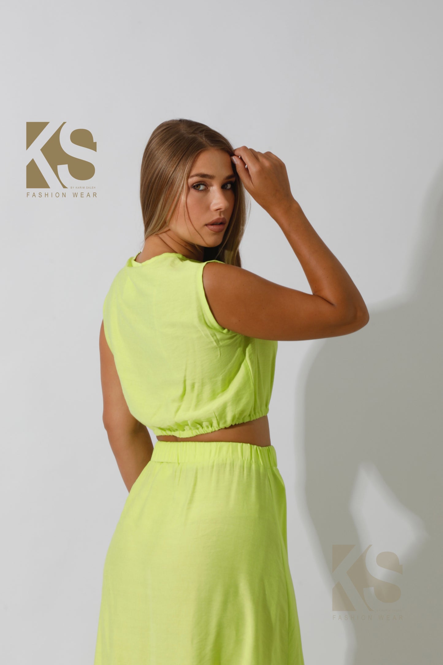 Co-Ord Crop Top & Maxi Side Slite Skirt - Lime Green