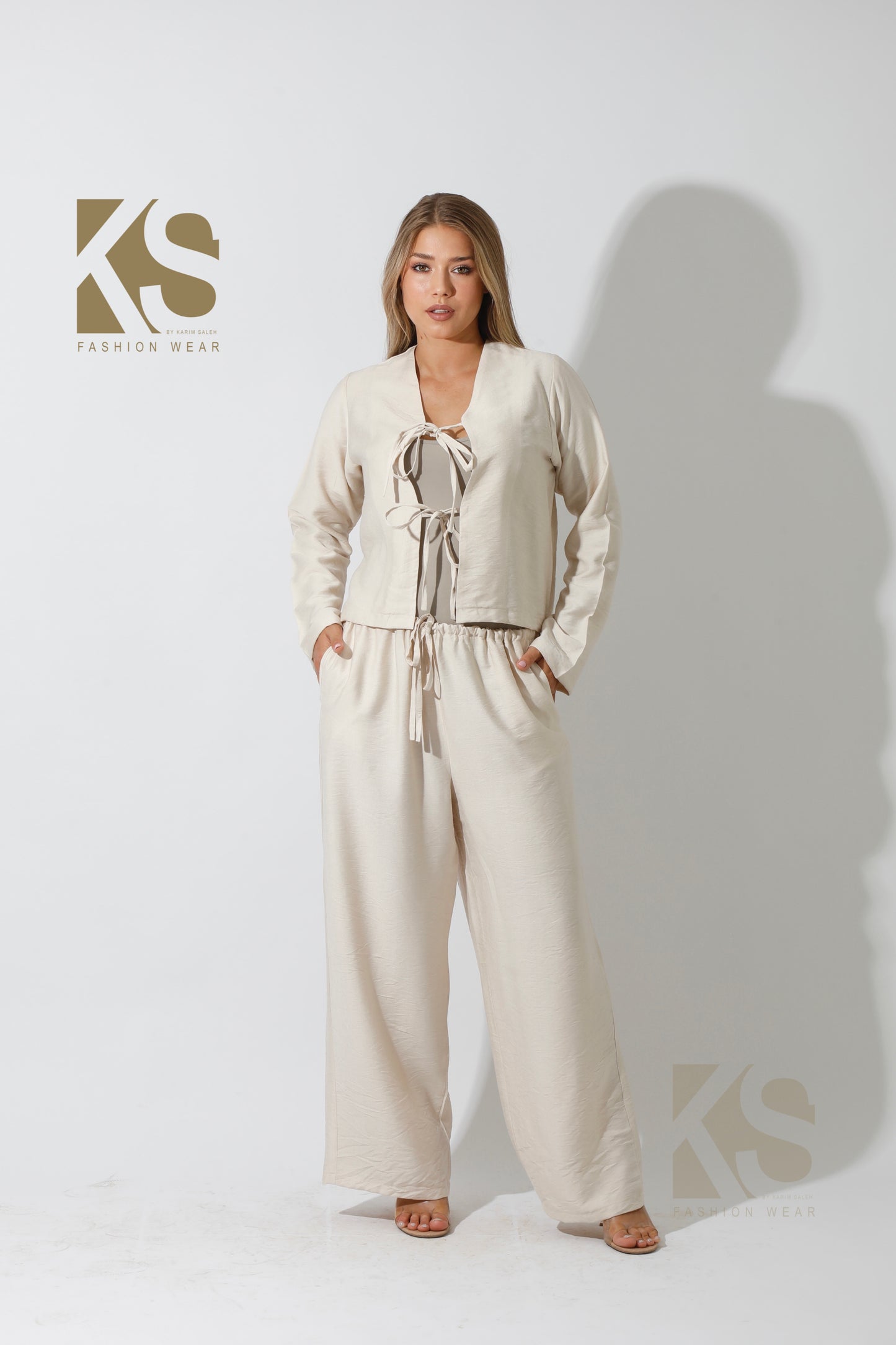 Lose Tied Pants Set - Beige