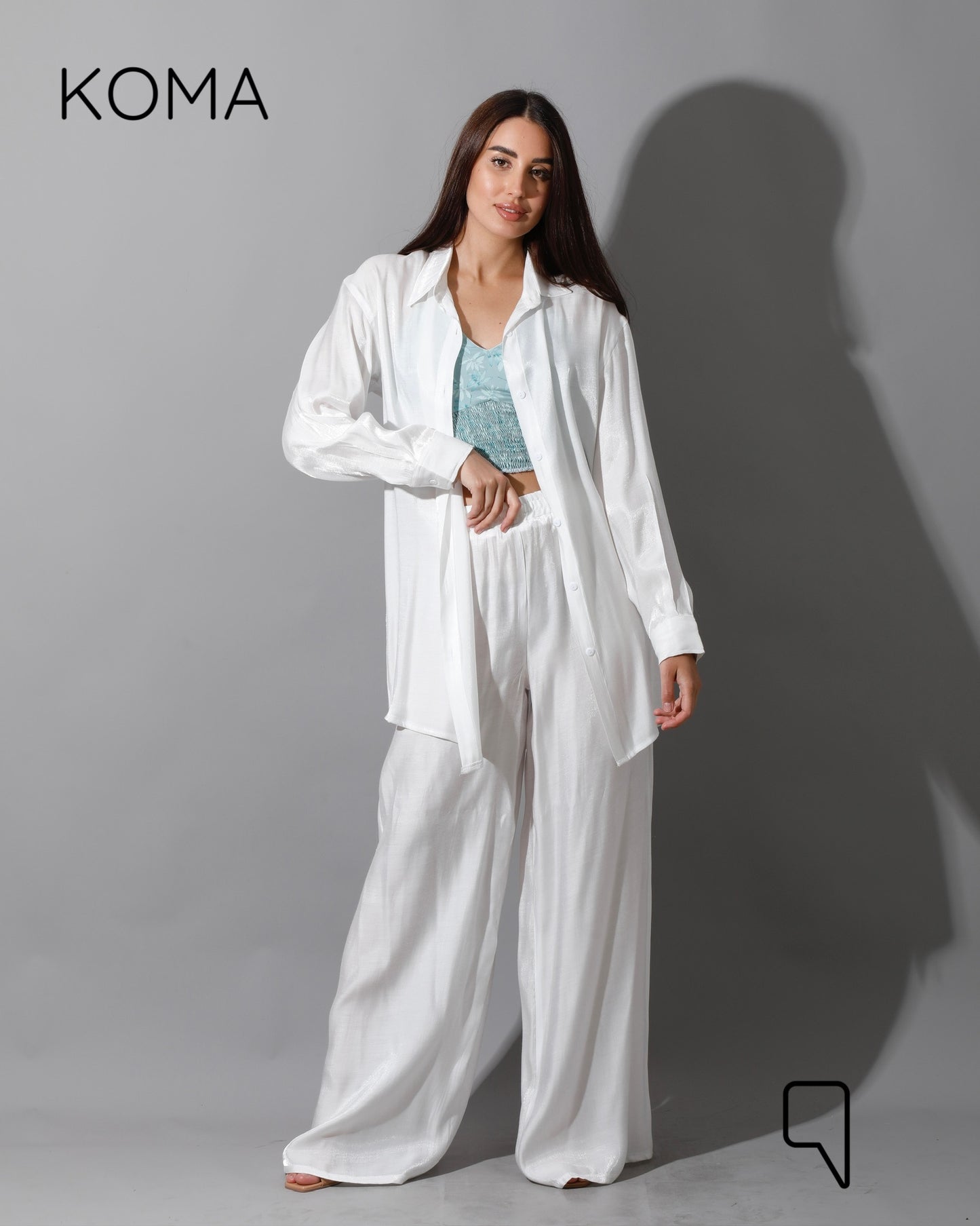 Shemer Long Shirt & Wide Leg Trousers Set - white