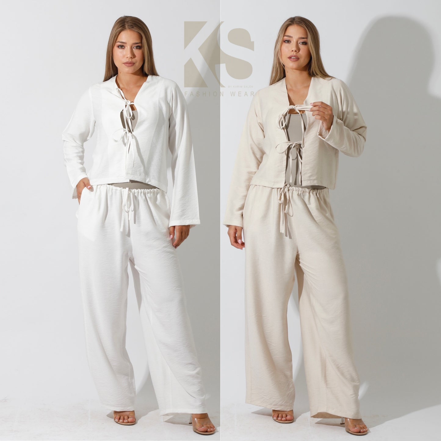 Lose Tied Pants Set - Beige