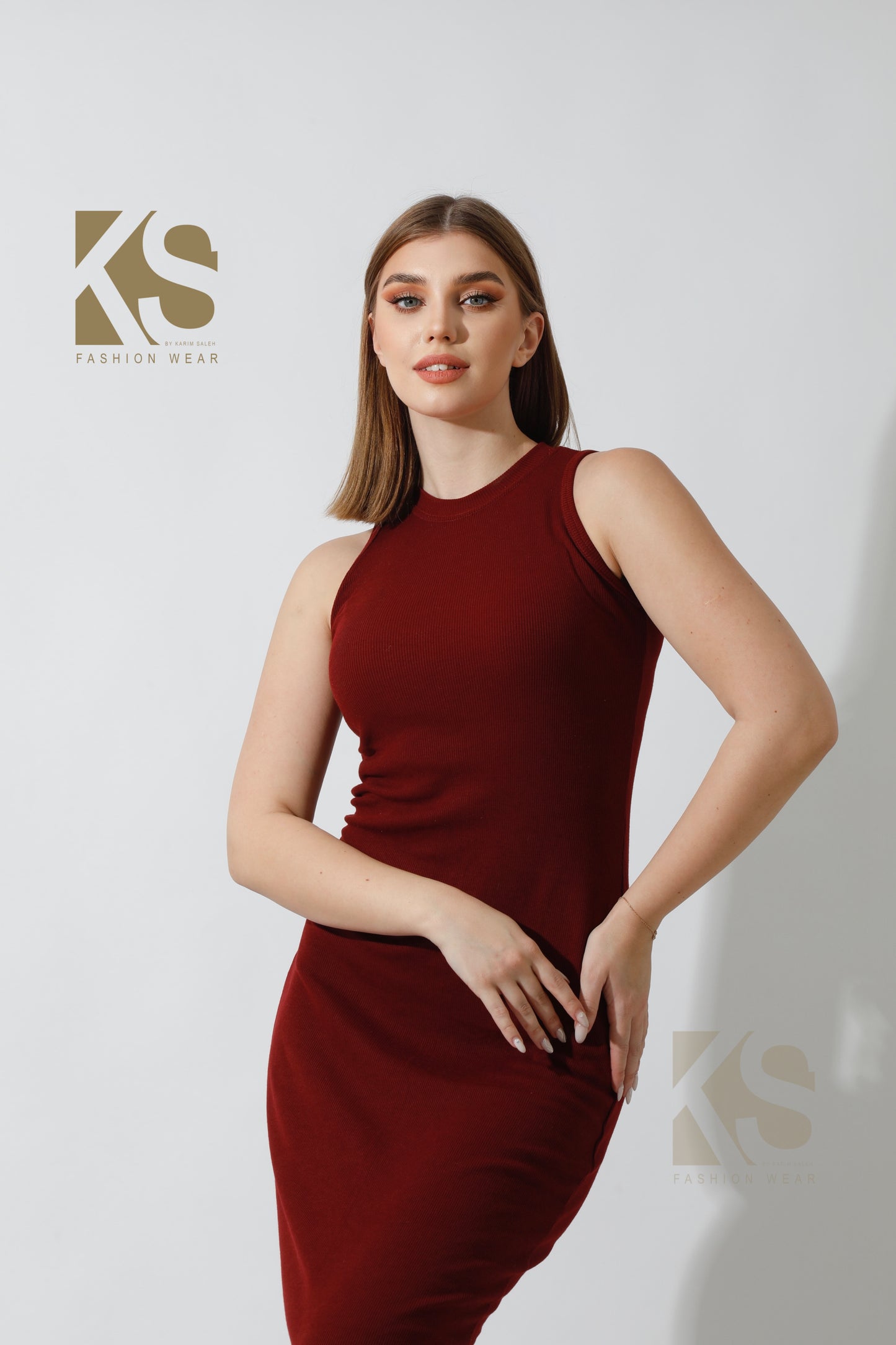 Slinky High Neck Midi Sleeveless Dress - Maroon