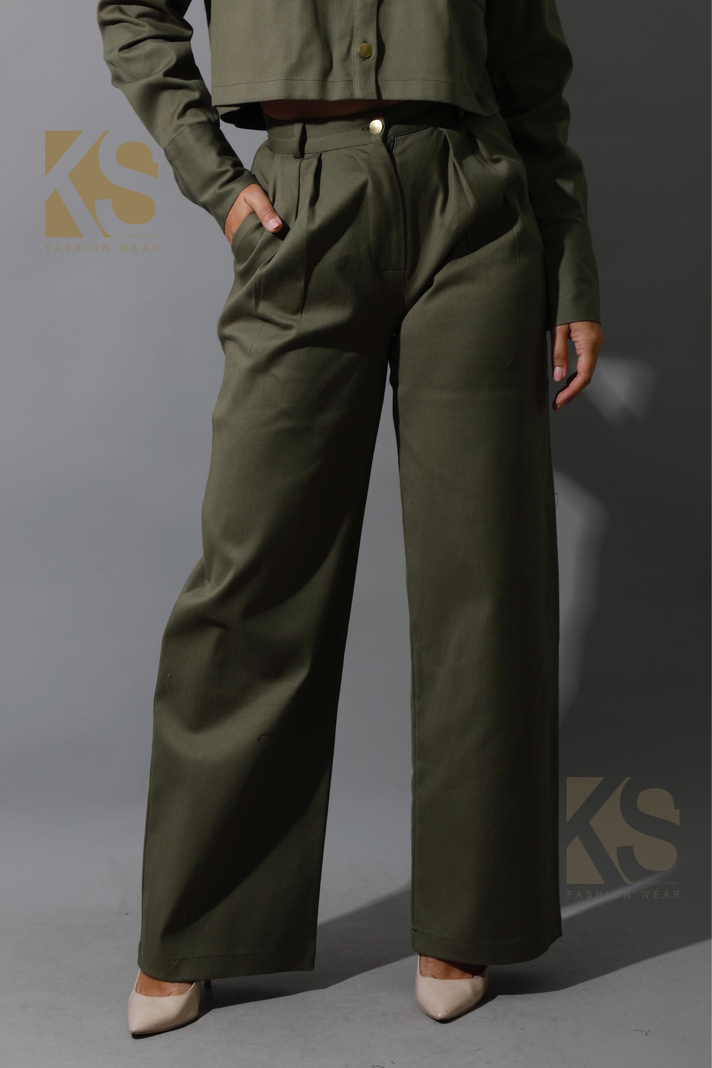 Co-ord Pleated Wide Leg Pants & Cropped Shirt - Olive