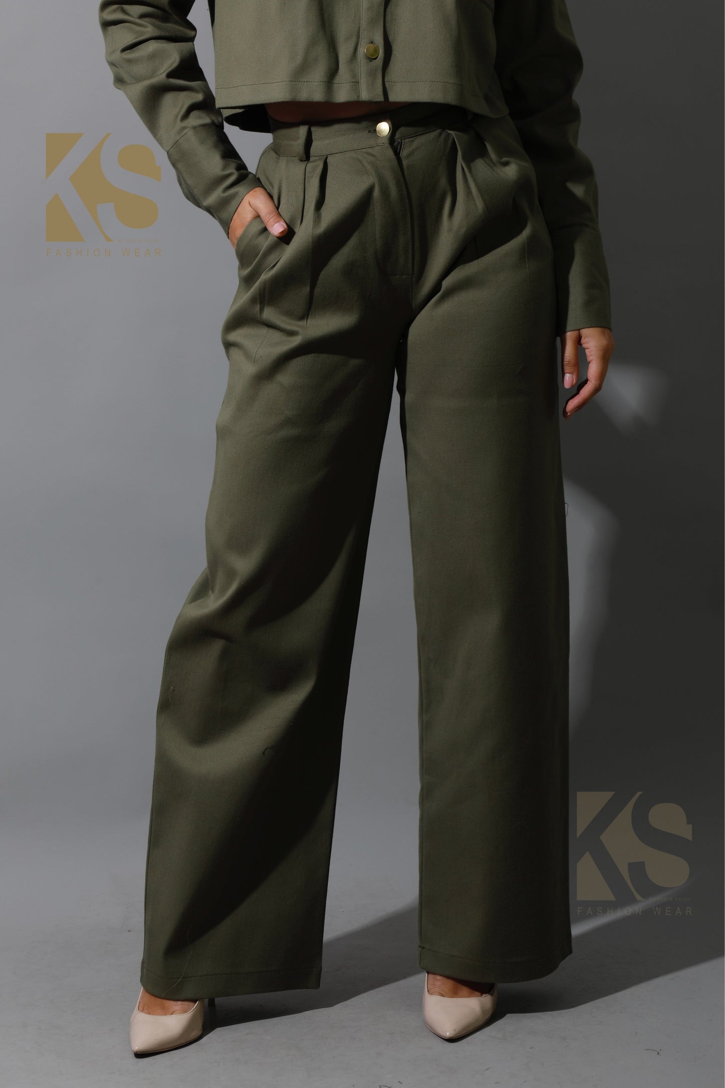 Co-ord Pleated Wide Leg Pants - Olive