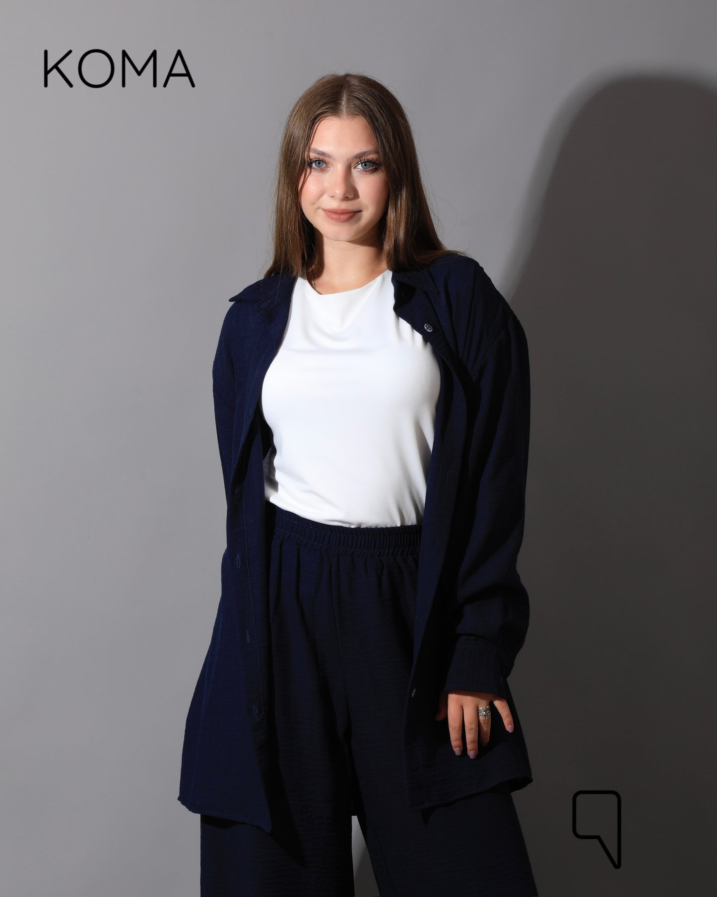 Co-Ord Lenin Long Sleeve Shirt & Wide Leg Trousers - Navy
