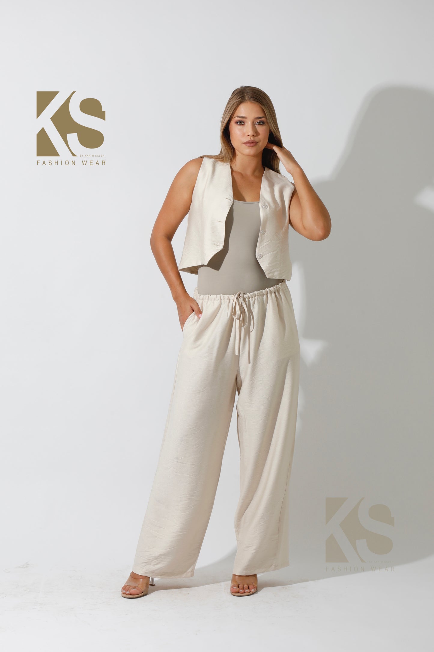 Vest & Lose Tied Pants Set - Beige