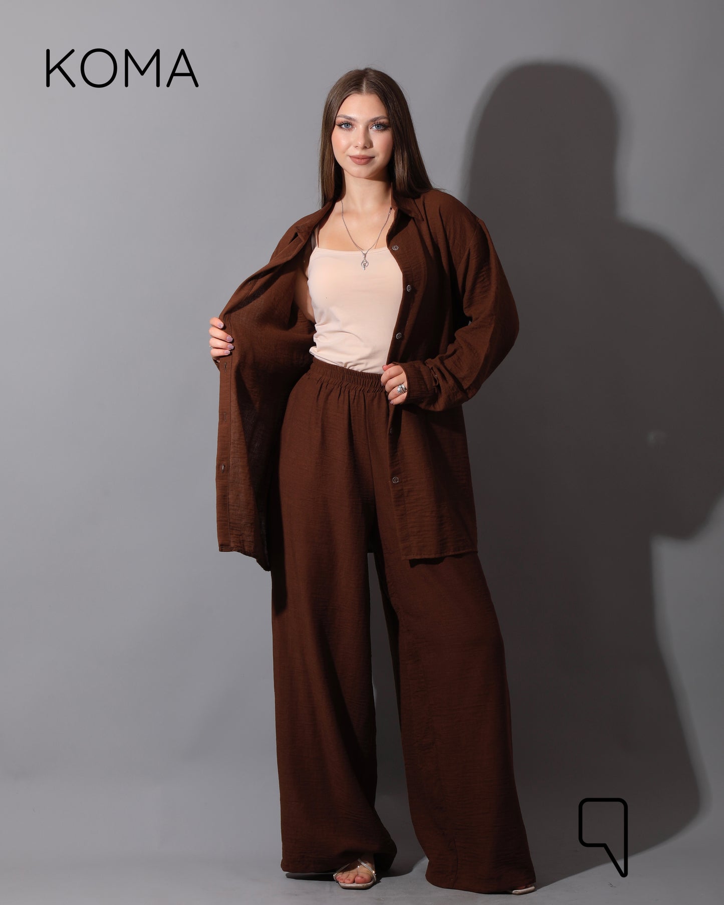 Co-Ord Lenin Long Sleeve Shirt & Wide Leg Trousers - Brown