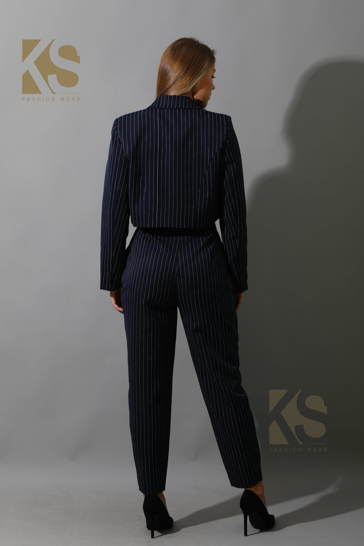 Striped Paper-bag Pants Co-Ord - Navy