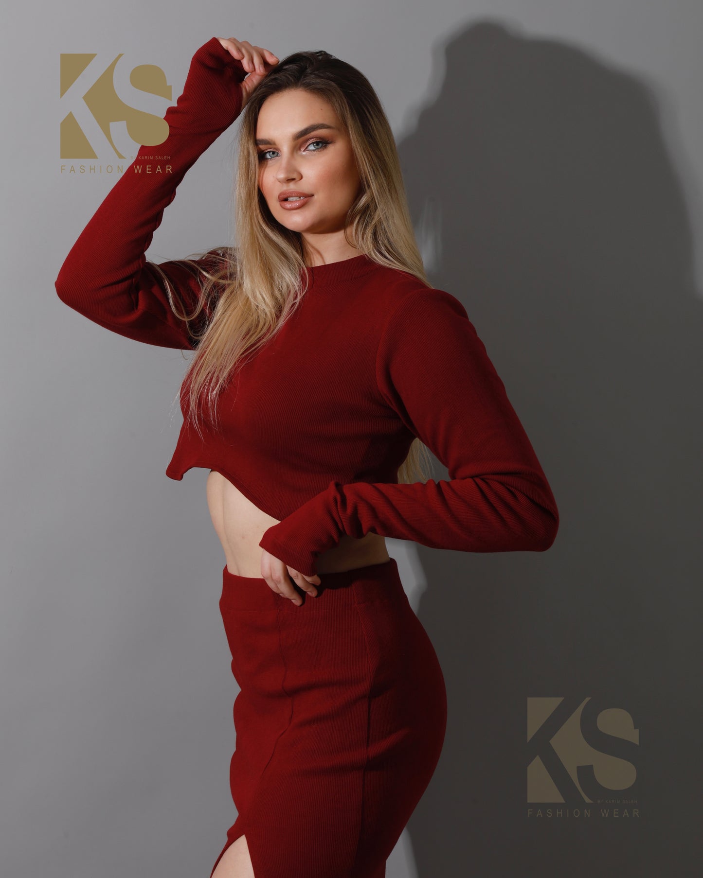 Co-ord Crop Top & Midi Skirt Rib Set - Maroon