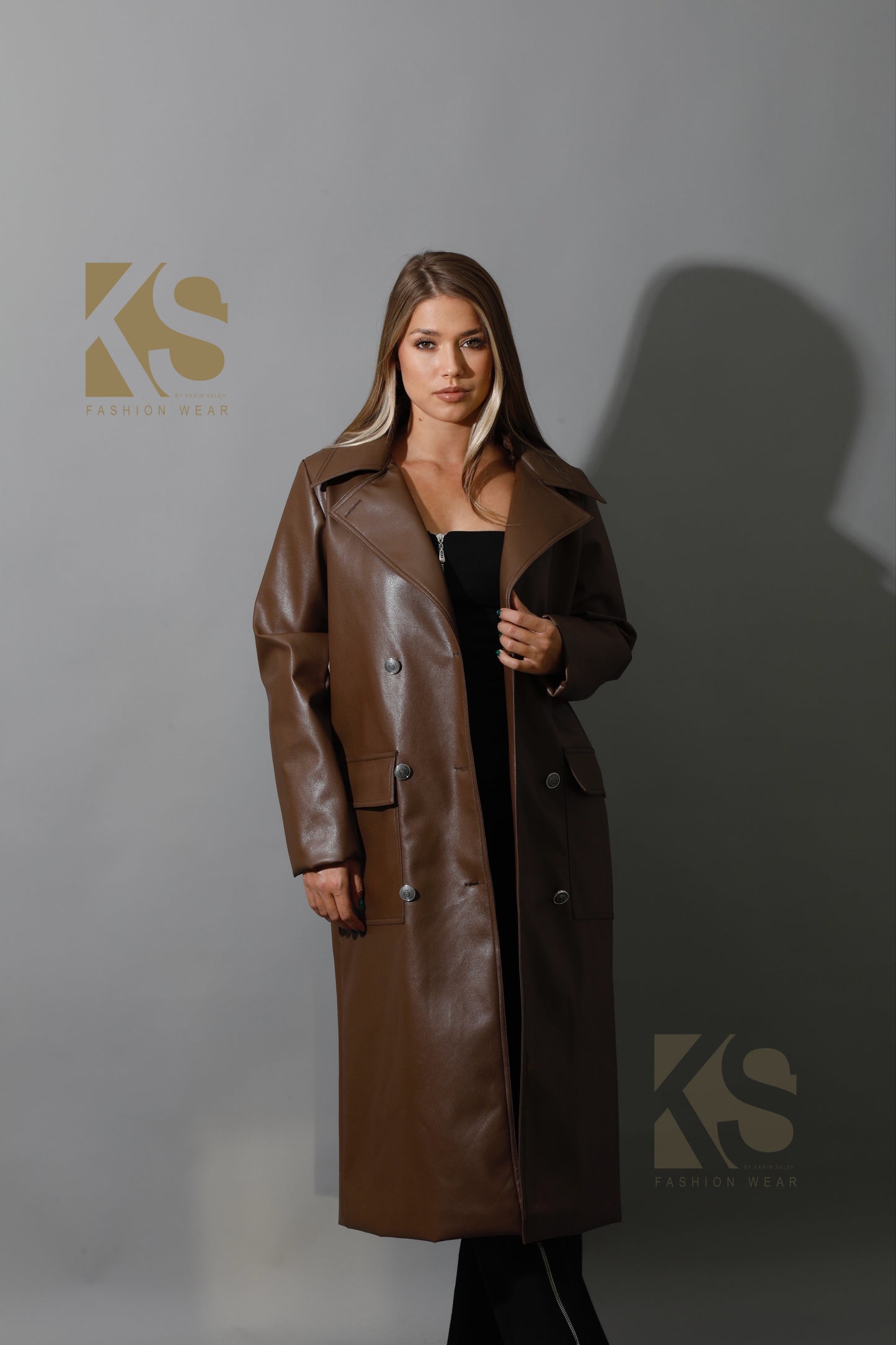 Textured Leather Coat - Brown