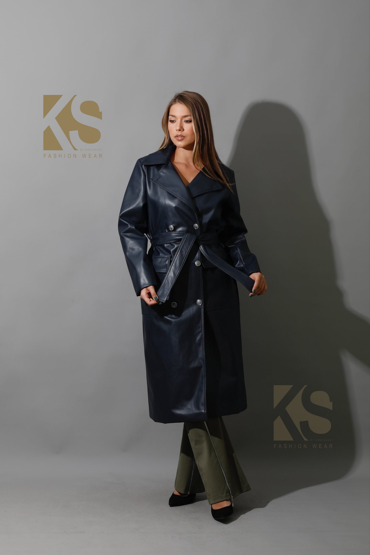 Textured Leather Coat - Navy
