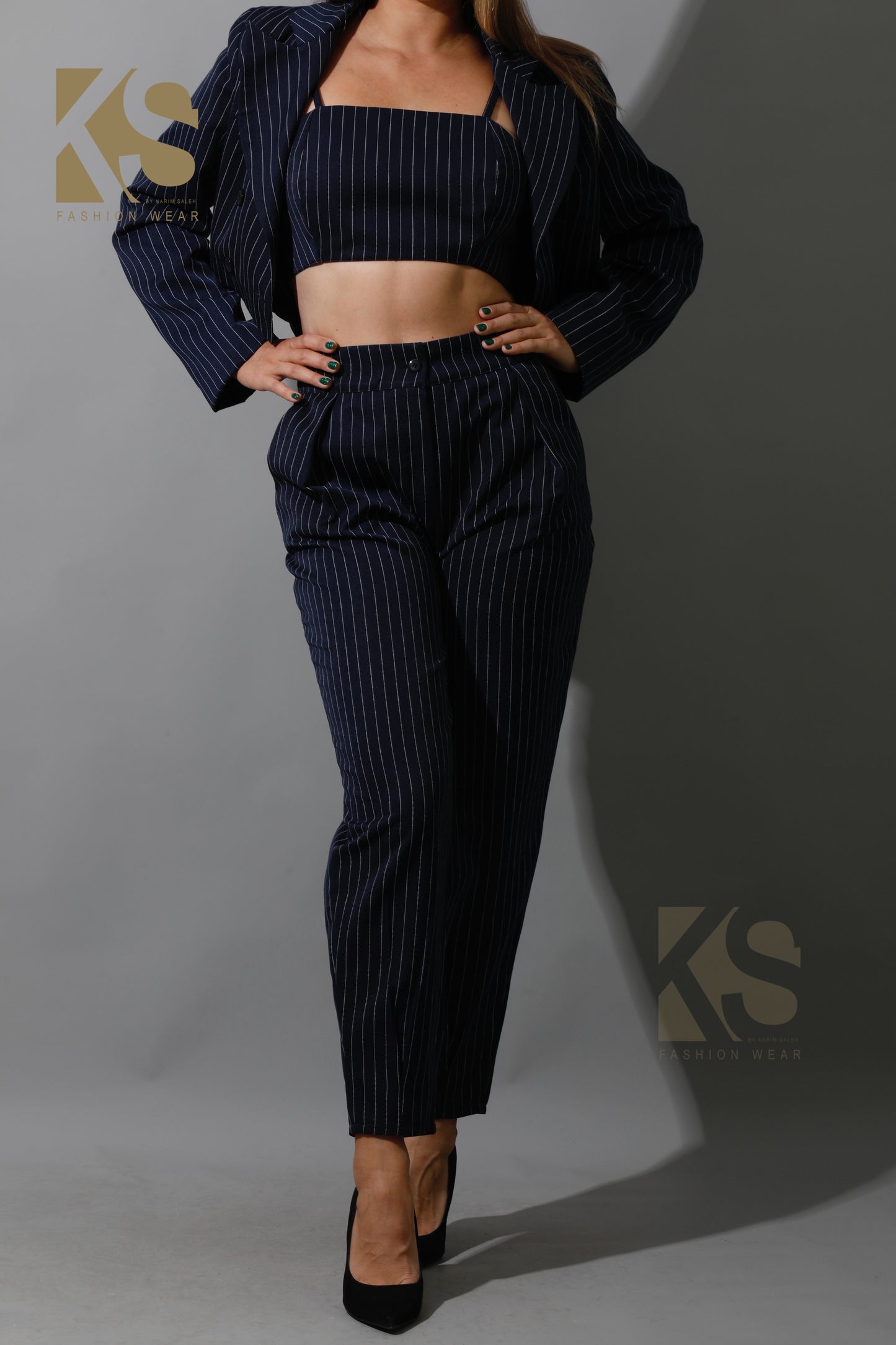 Striped Paper-bag Pants Co-Ord - Navy