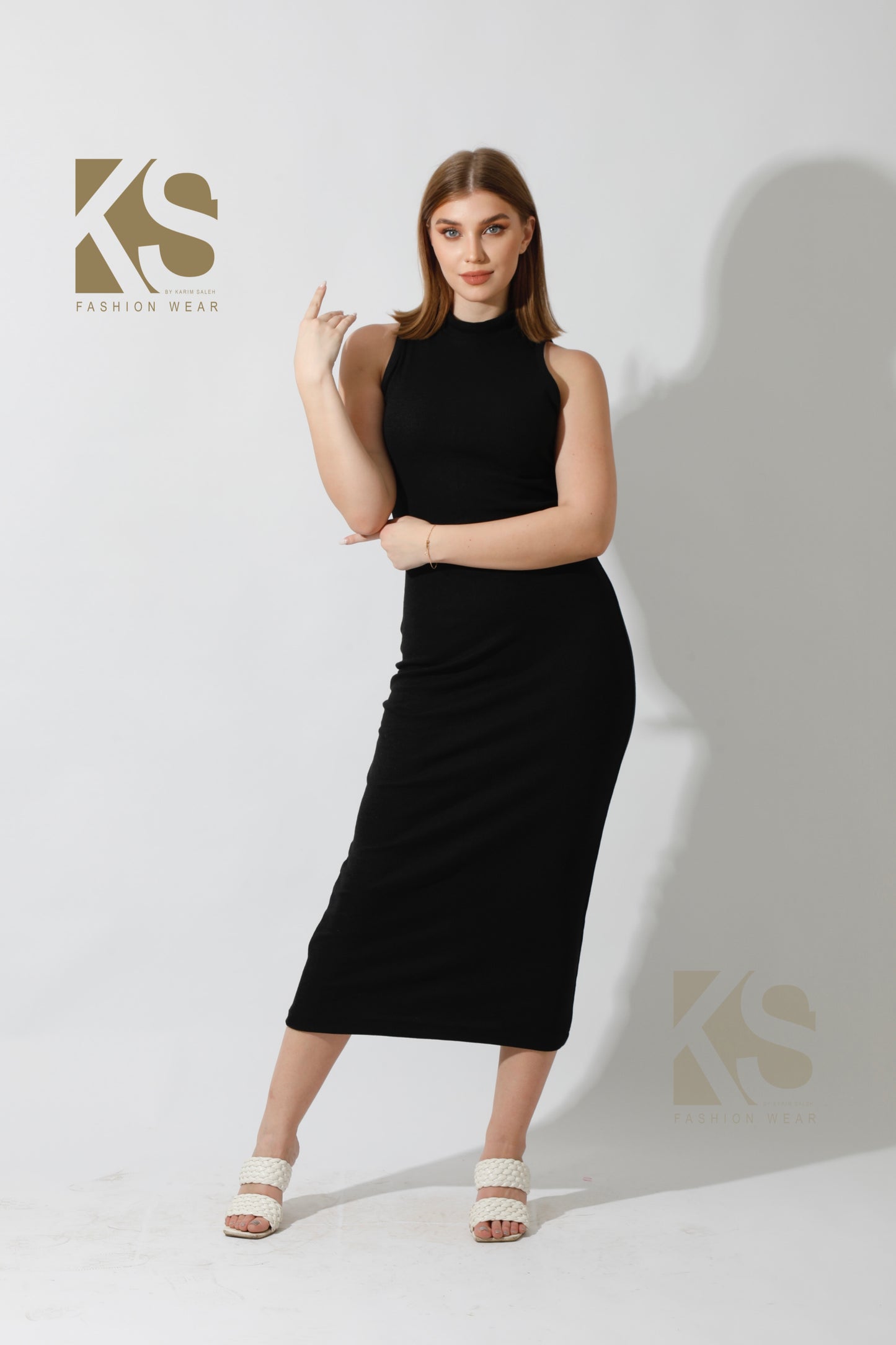 Slinky High Neck Midi Sleeveless Dress - Black