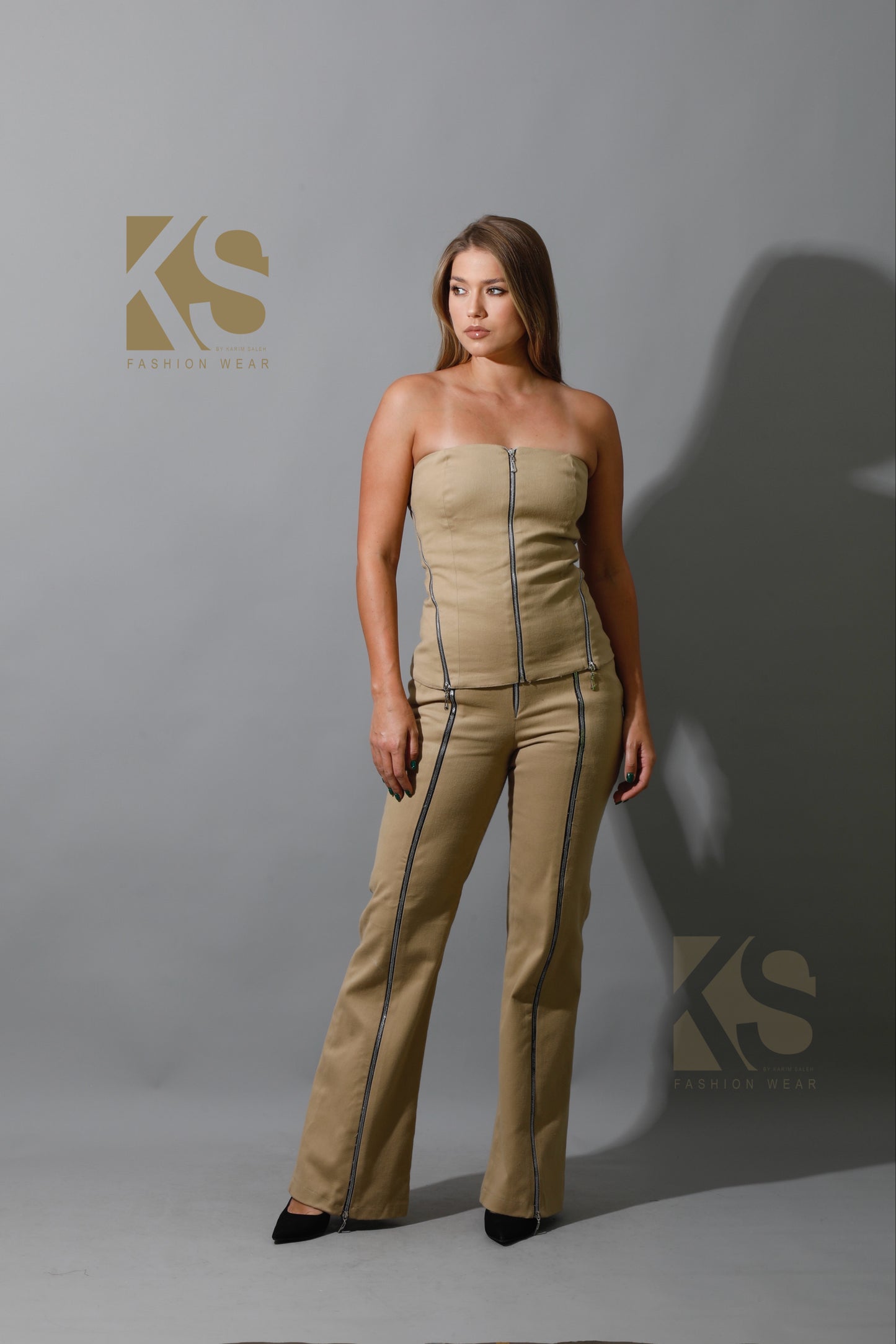 Co-Ord Some Protel Top & BootCut pants - Beige