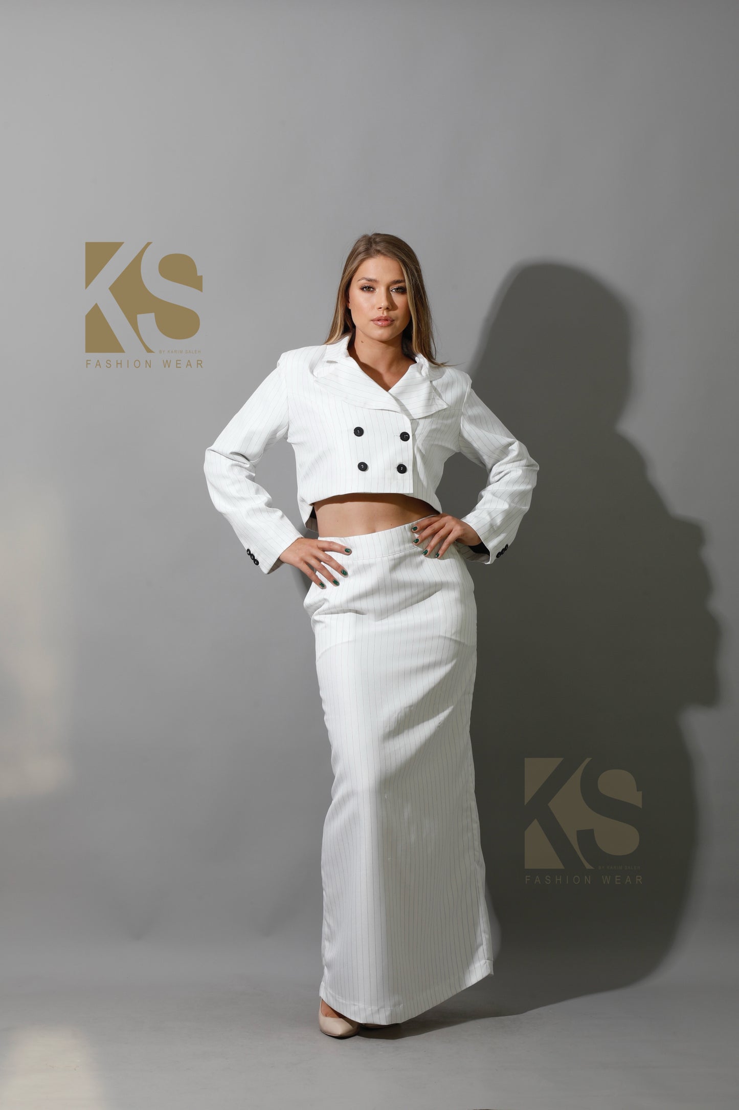 Striped Cropped Blazer Co-Ord - White