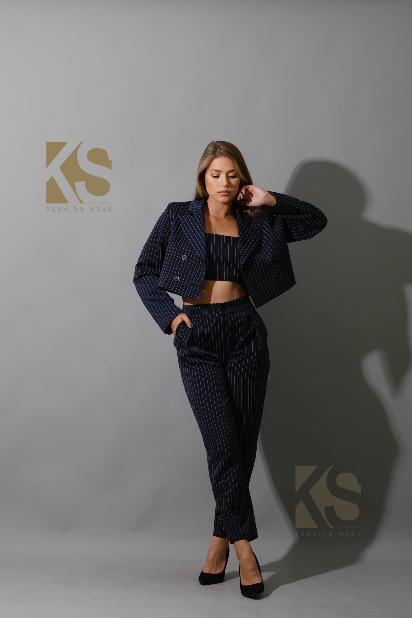 Striped Paper-bag Pants Co-Ord - Navy
