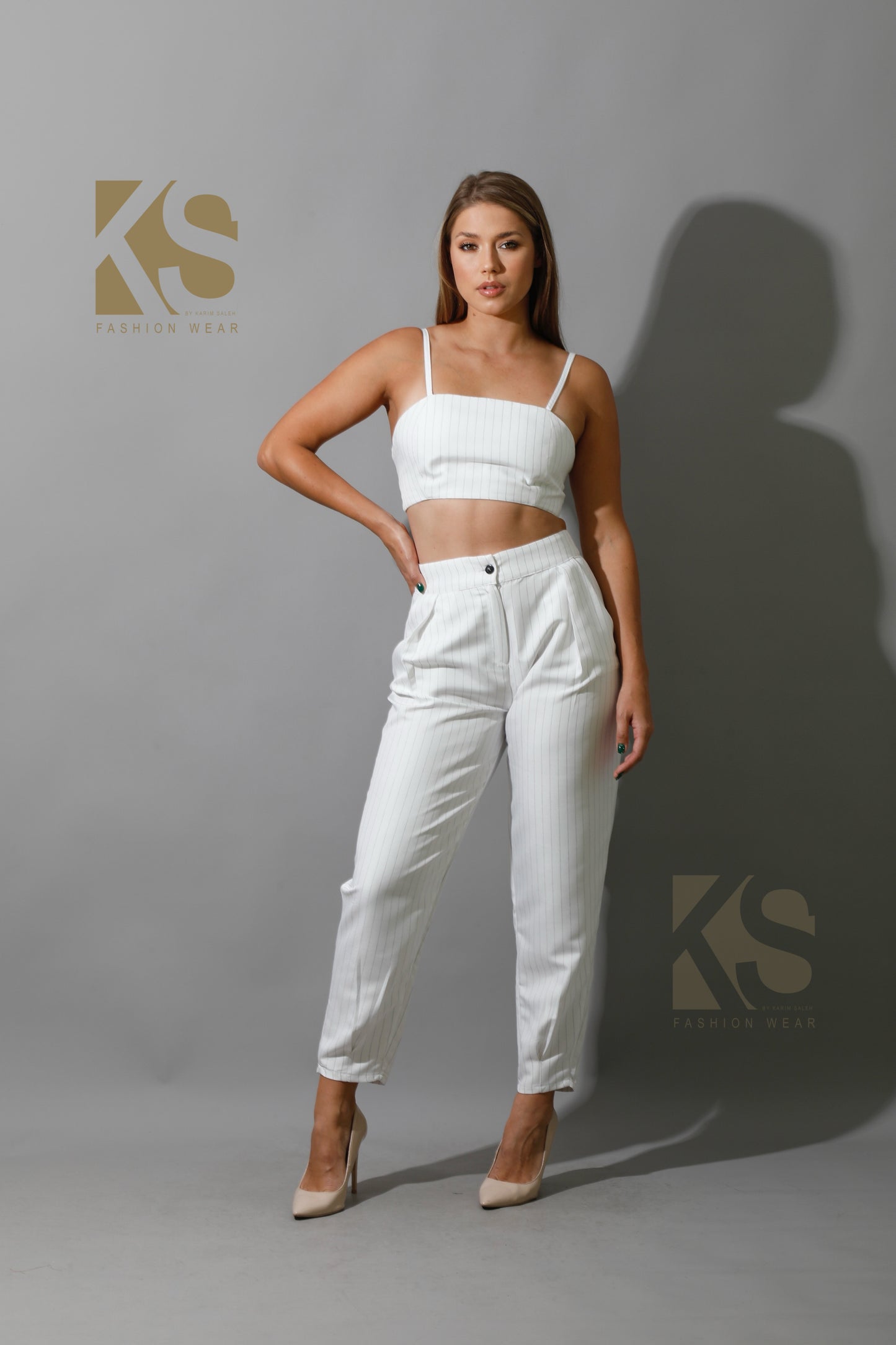 Striped Paper-bag Pants Co-Ord - White
