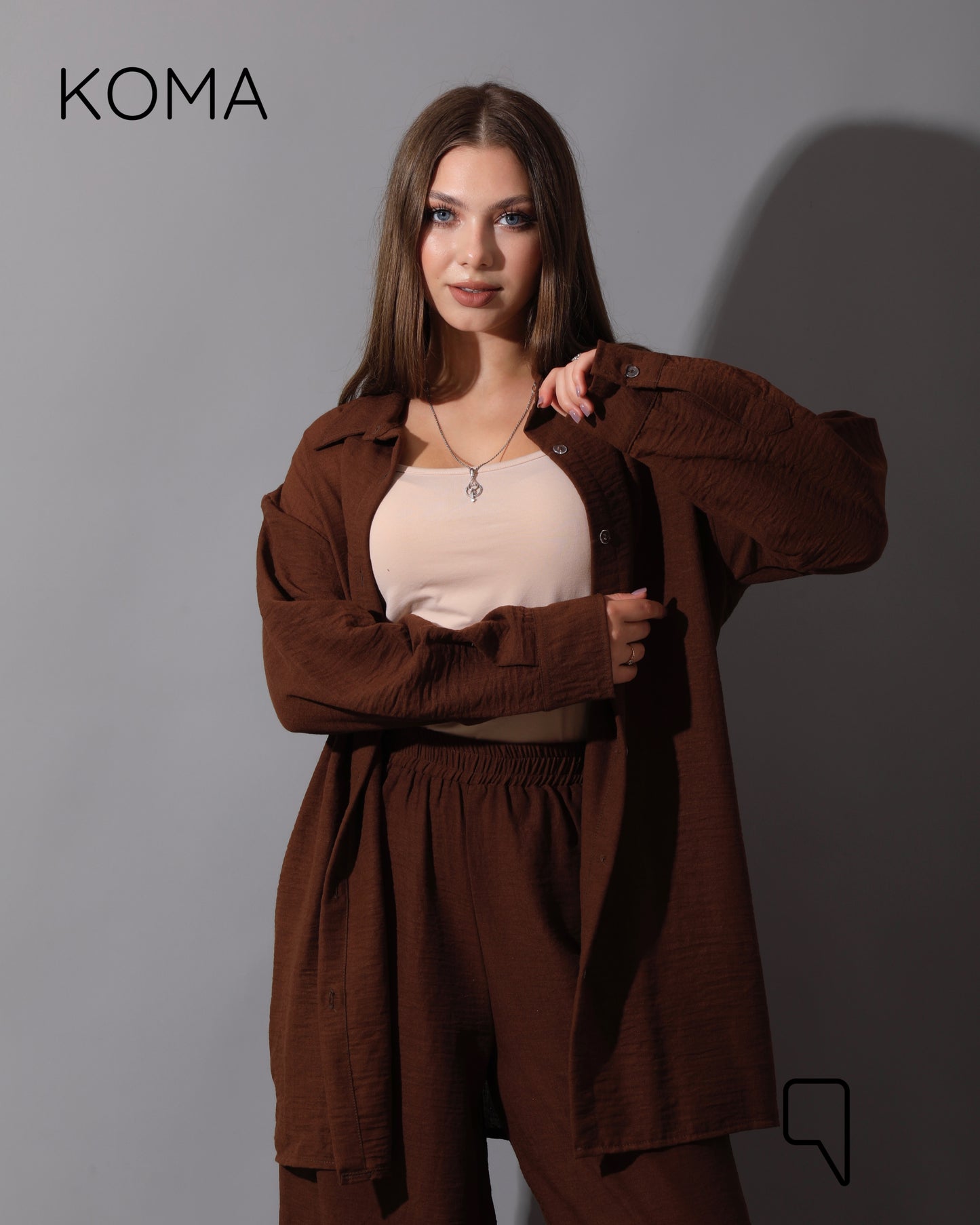 Co-Ord Lenin Long Sleeve Shirt & Wide Leg Trousers - Brown
