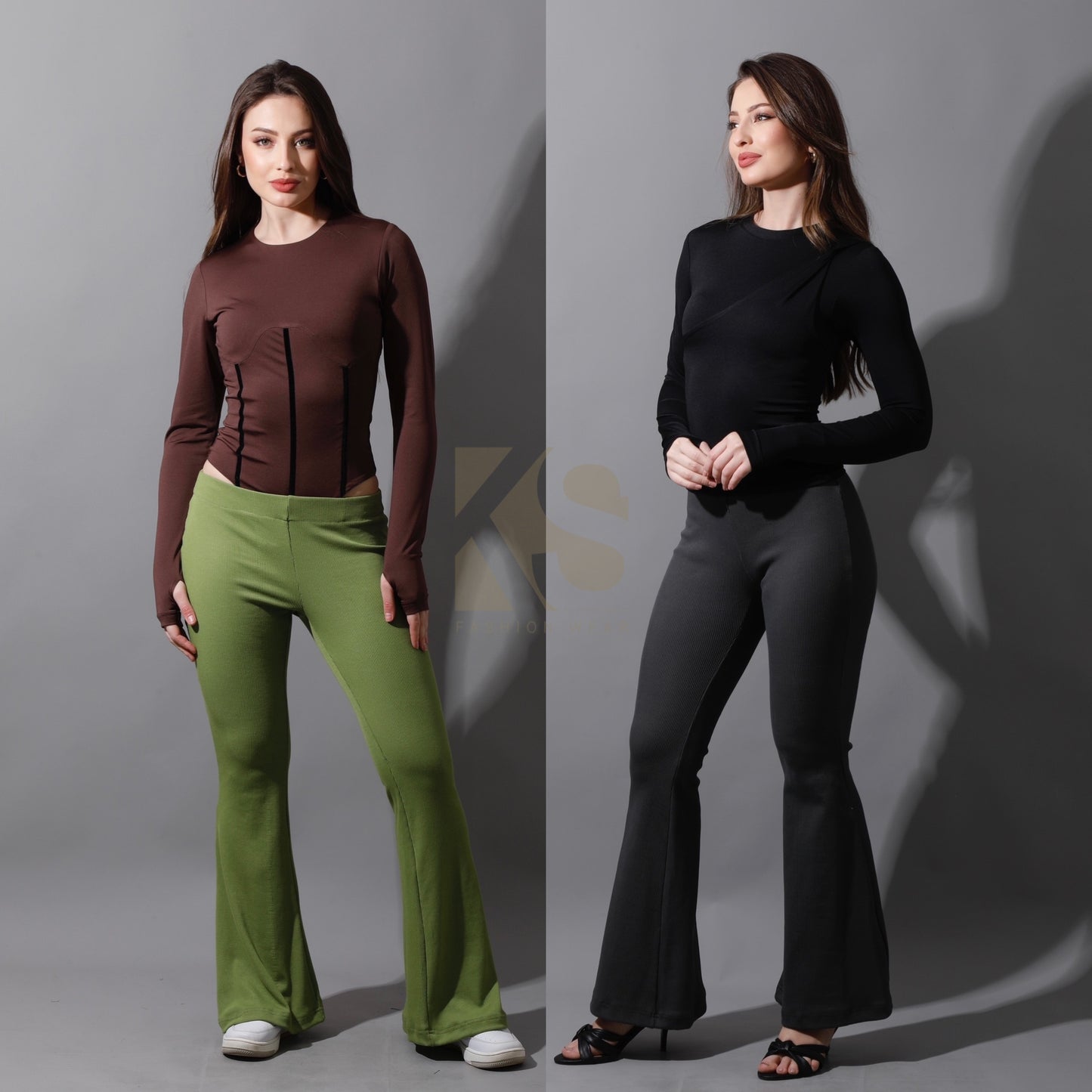 Slinky Flared Trousers - Kiwi Green