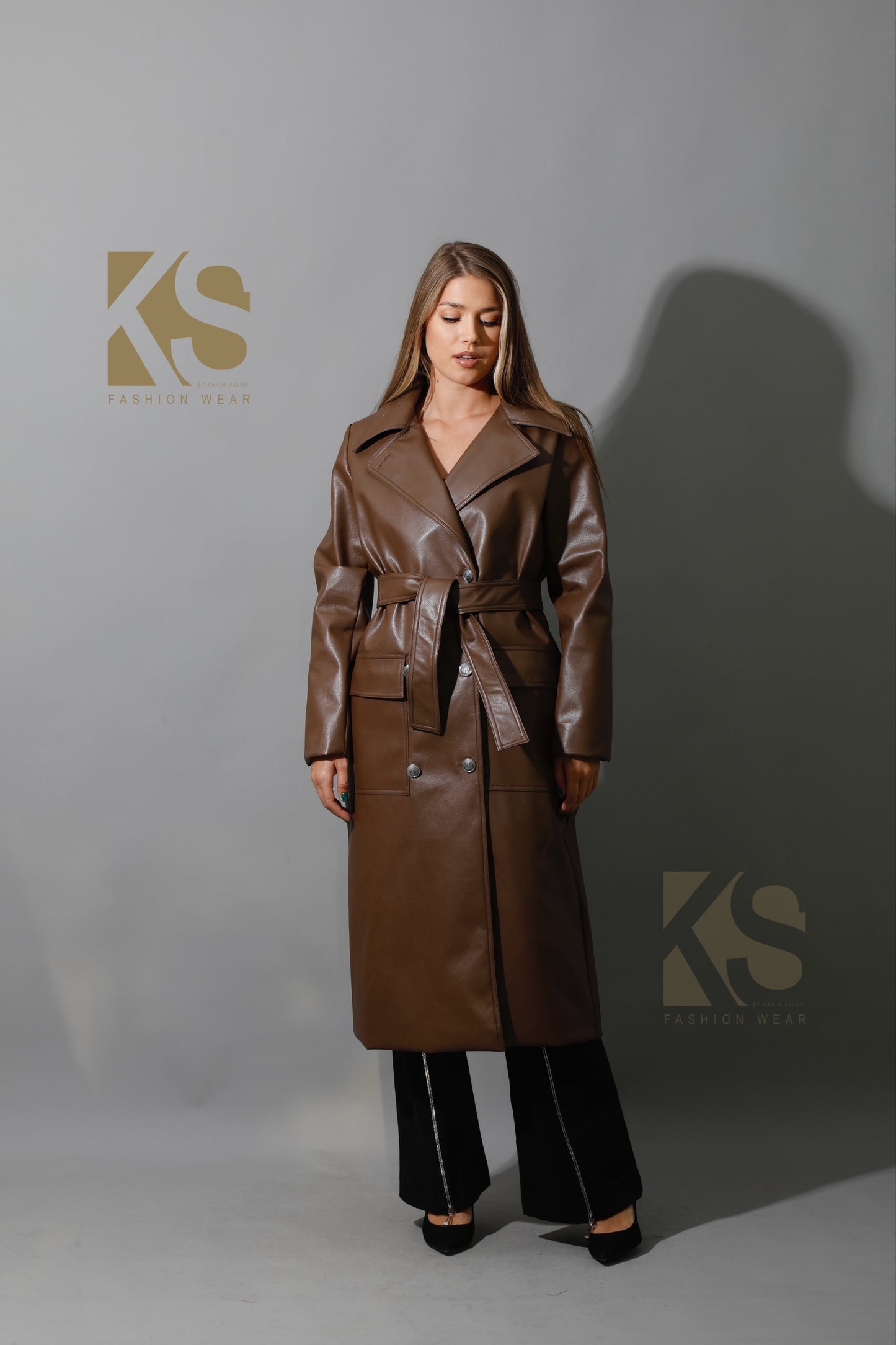 Textured Leather Coat - Brown