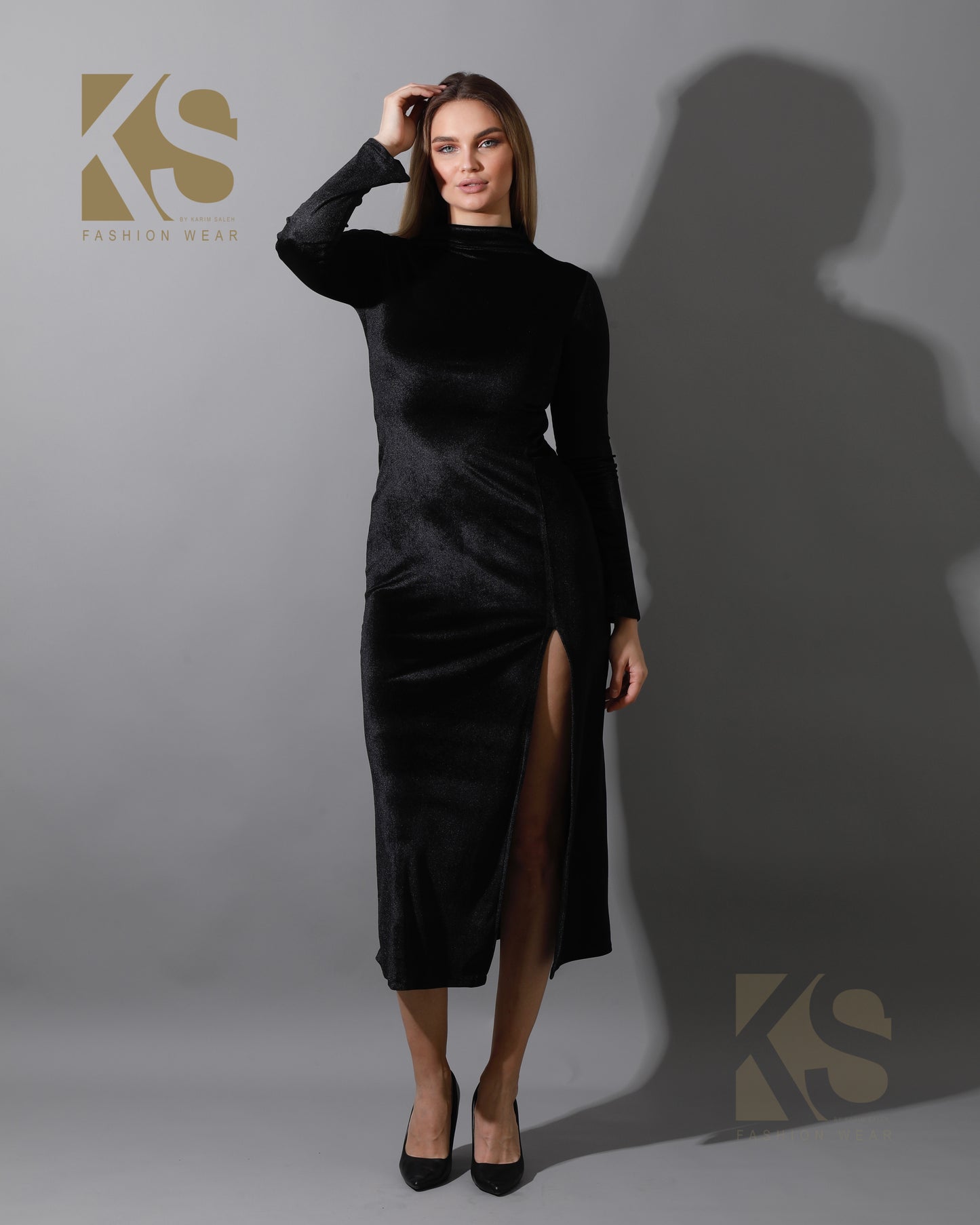 Front Slit Midi Dress - Black
