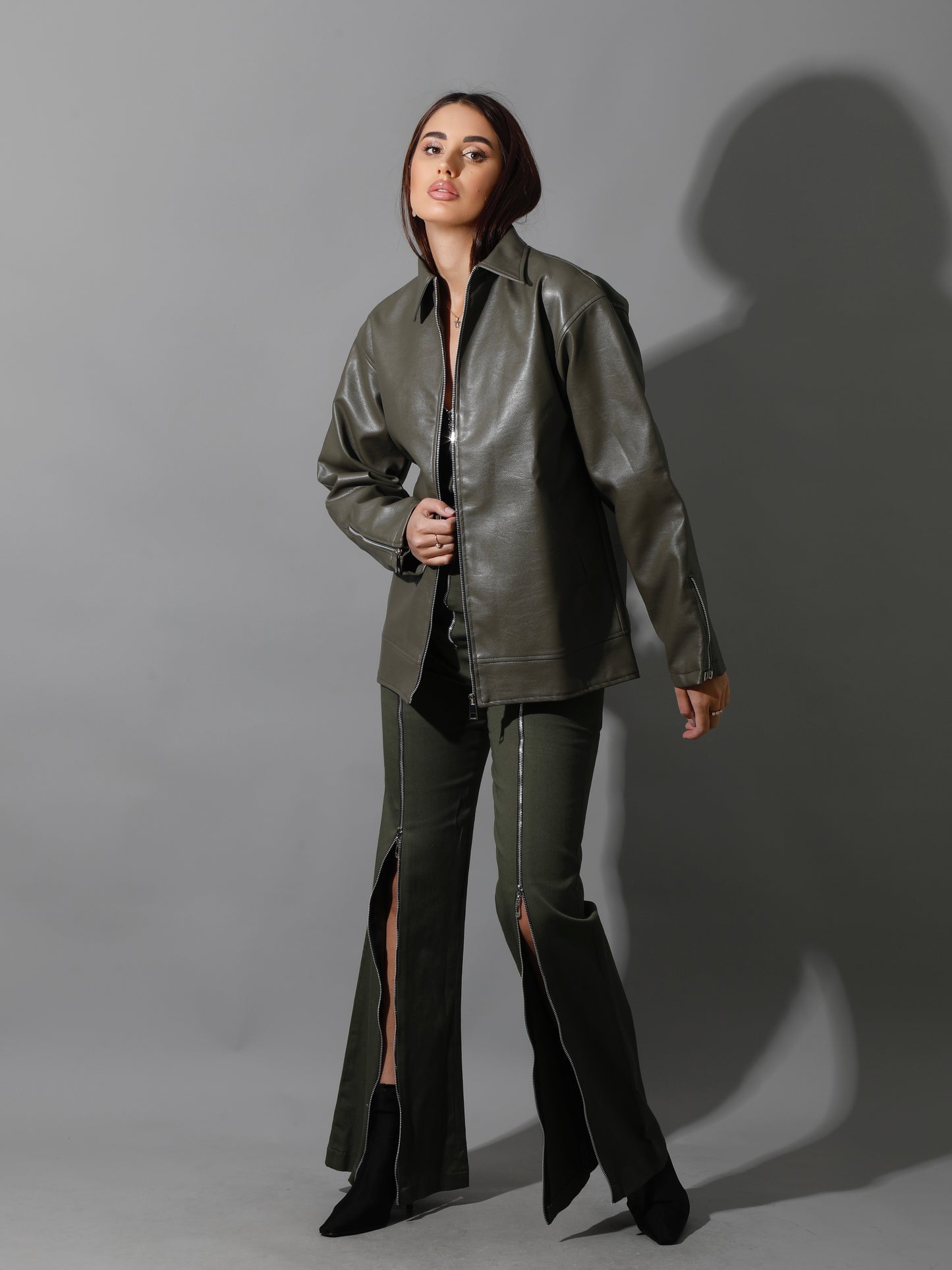 Leather Zipper Sleeved Jacket - Olive