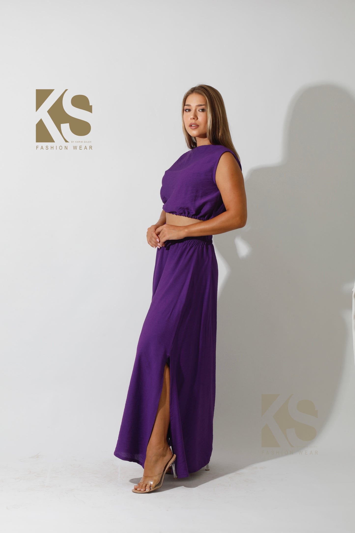 Crop Top & Maxi Side Slite Skirt Set - Purple
