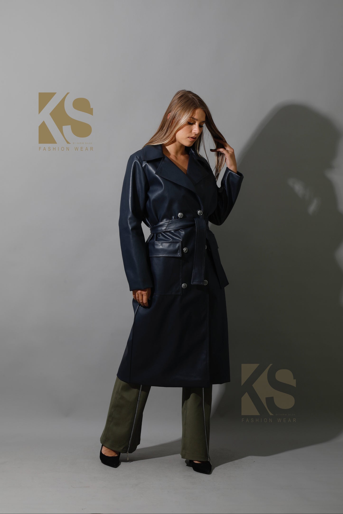 Textured Leather Coat - Navy