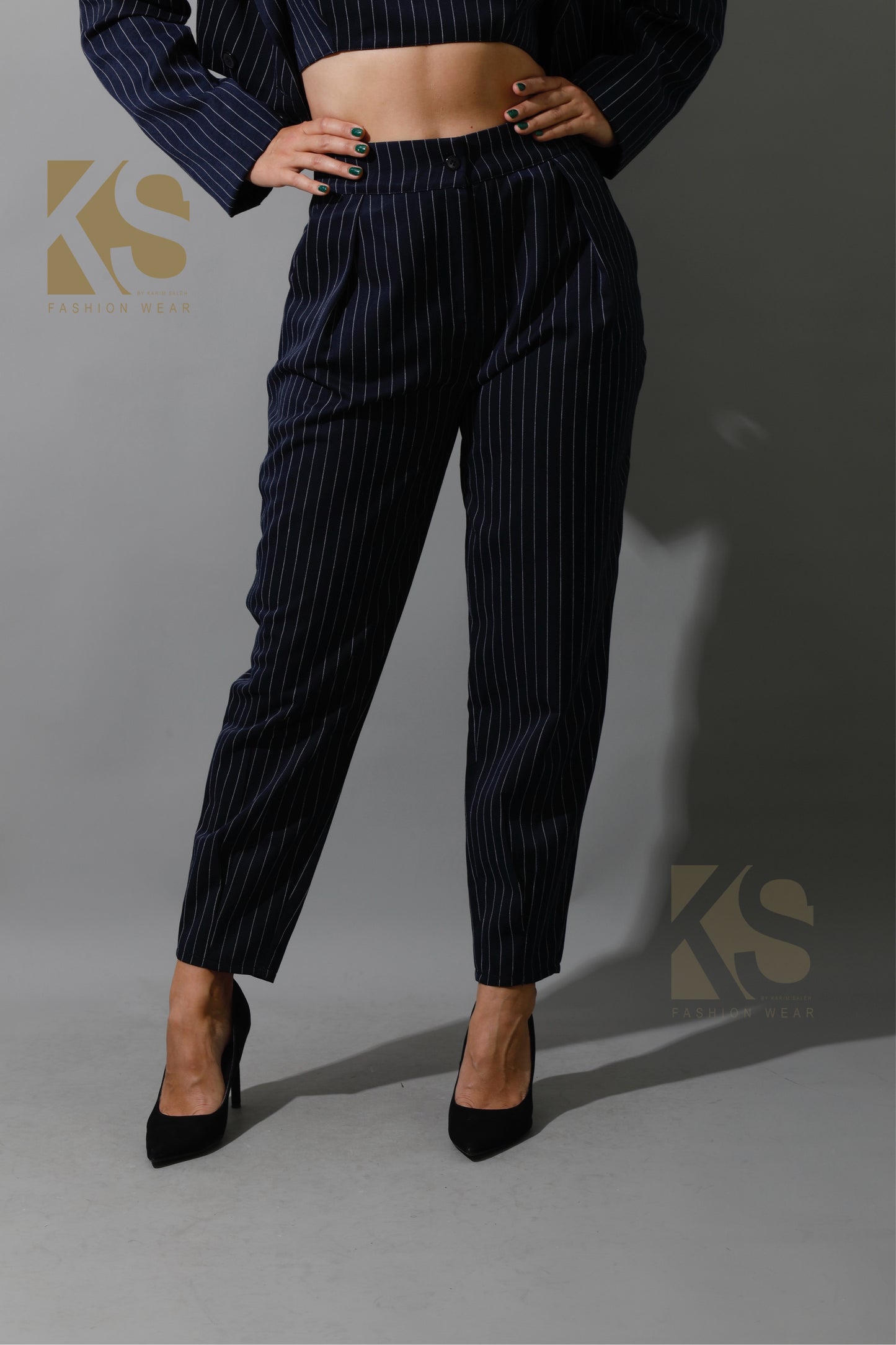 Striped Paper-bag Pants Co-Ord - Navy