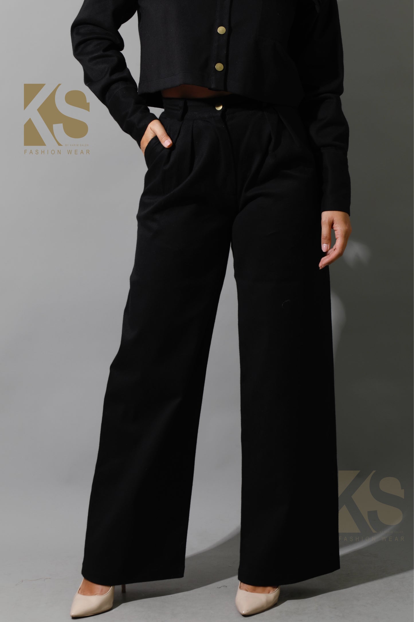 Co-ord Pleated Wide Leg Pants & Cropped Shirt - Black