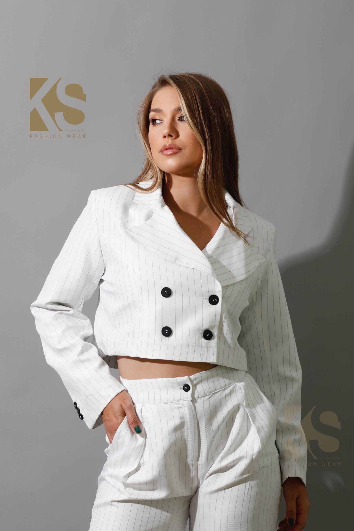 Striped Cropped Blazer Co-Ord - White