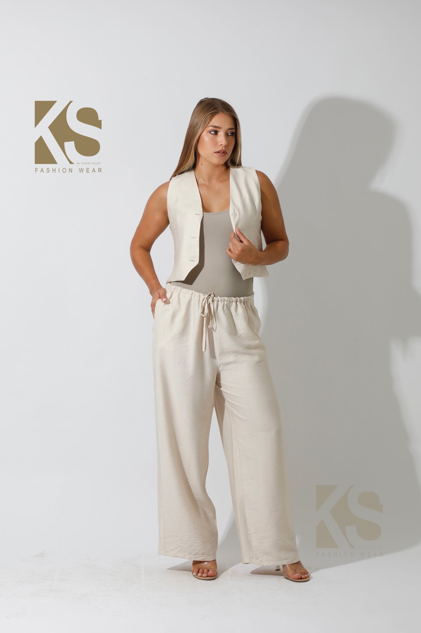 Vest & Lose Tied Pants Set - Beige