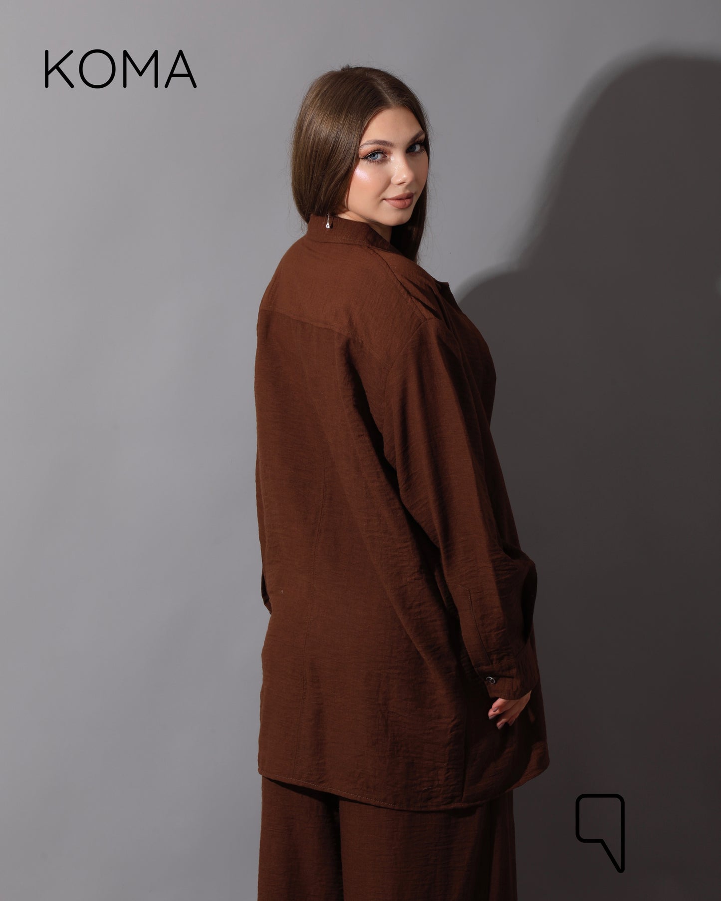 Co-Ord Lenin Long Sleeve Shirt & Wide Leg Trousers - Brown