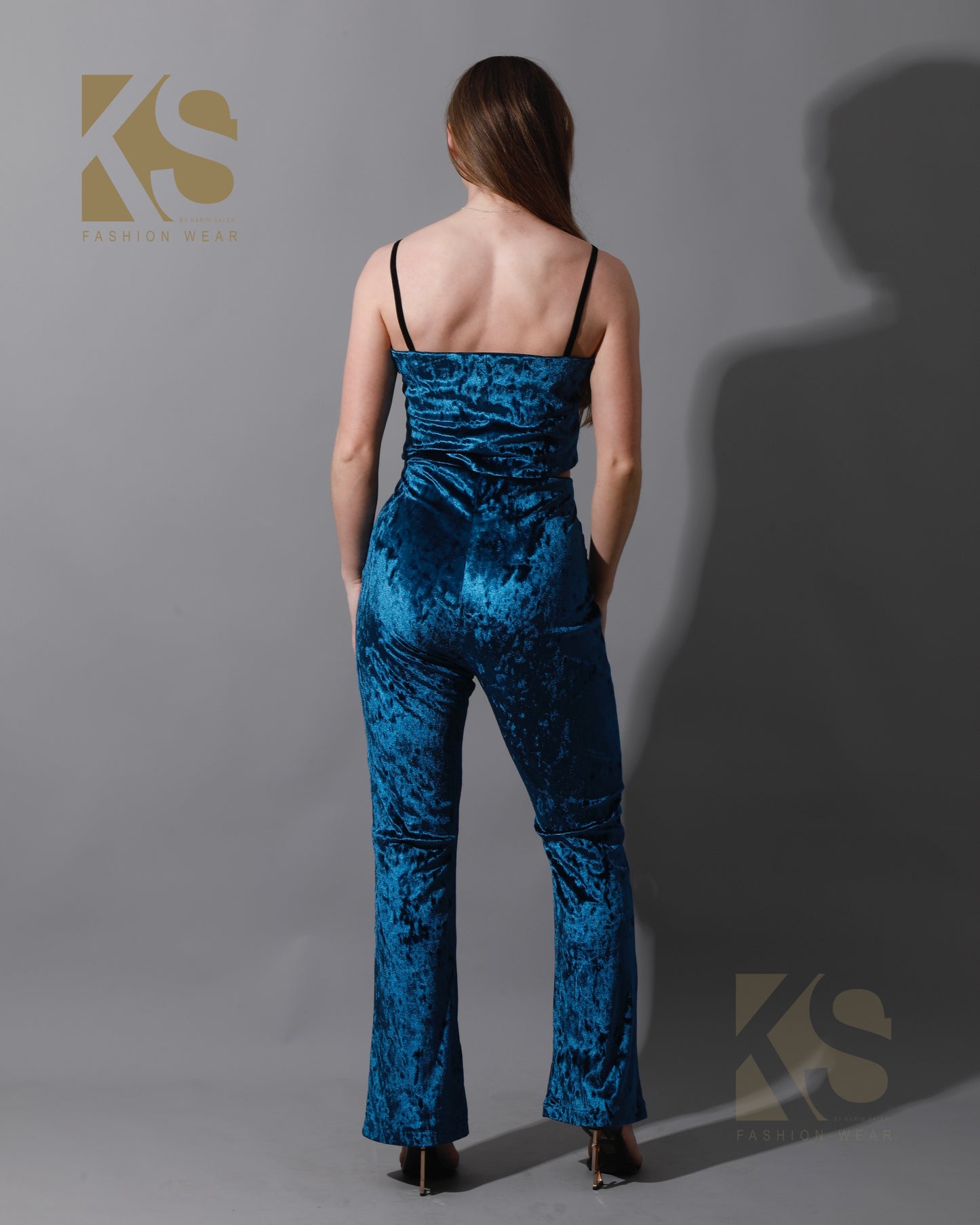 Velvet Crop Top & Bootcut Trousers Set - Petrol