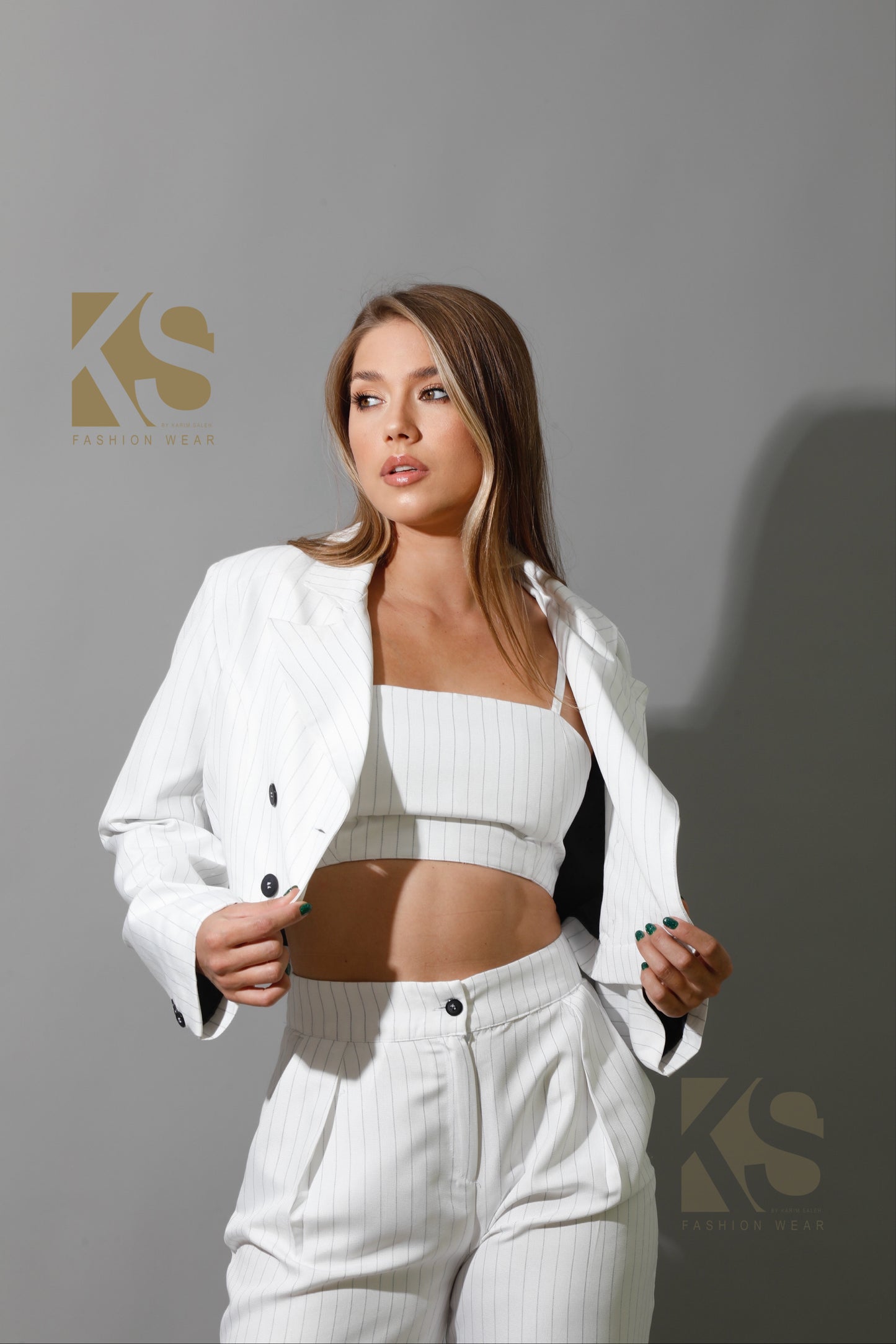 Striped Cropped Blazer, Bra Top & Paper-bag Pants Co-Ord - White