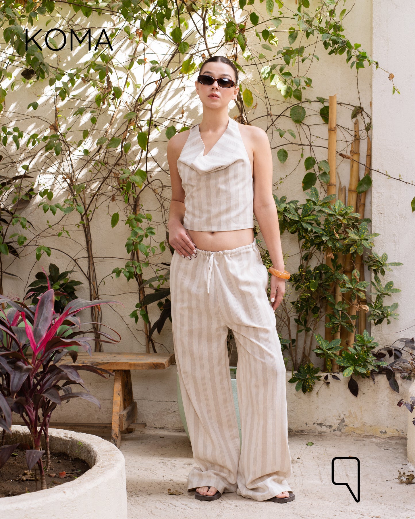 Ember Striped Tied Up Top & Blend Trousers Set - Beige