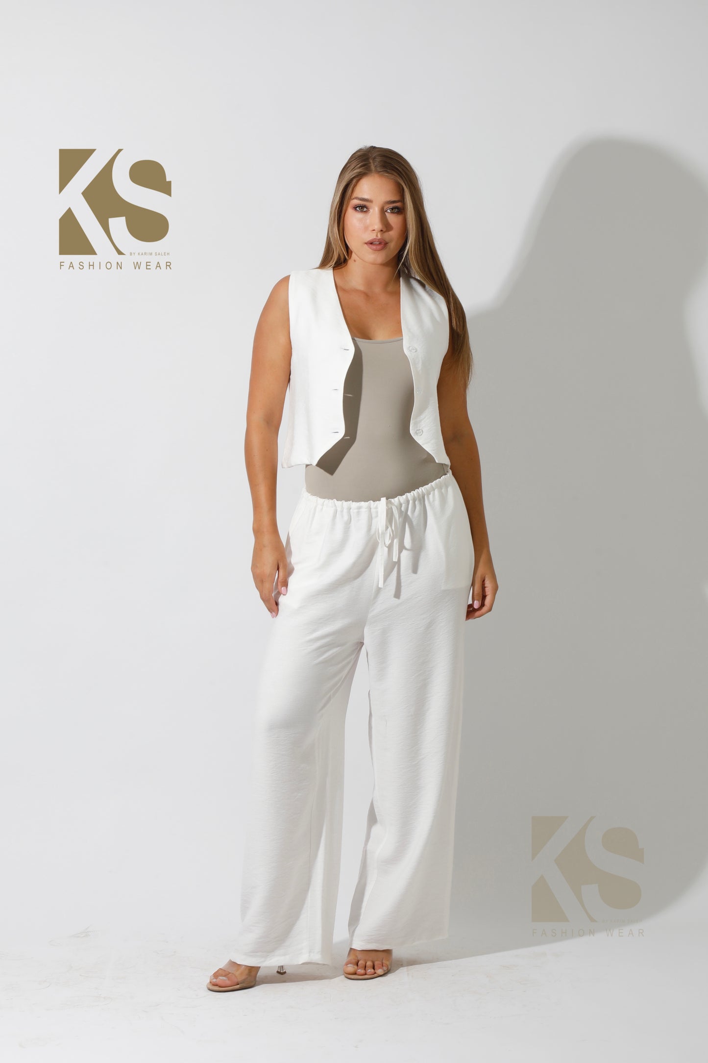 Vest & Lose Tied Pants Set - White