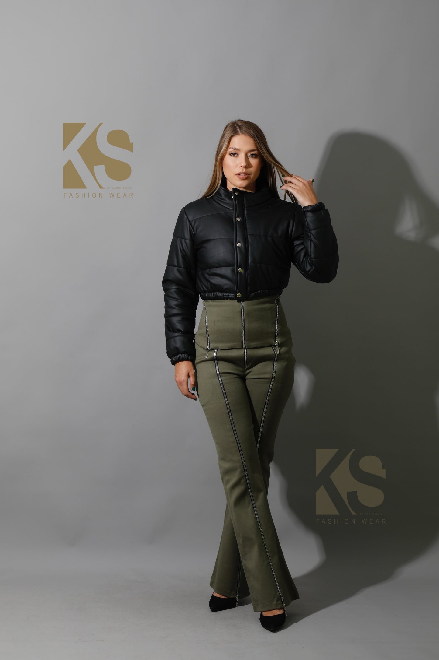 Leather Puffer Cropped Jacket - Black