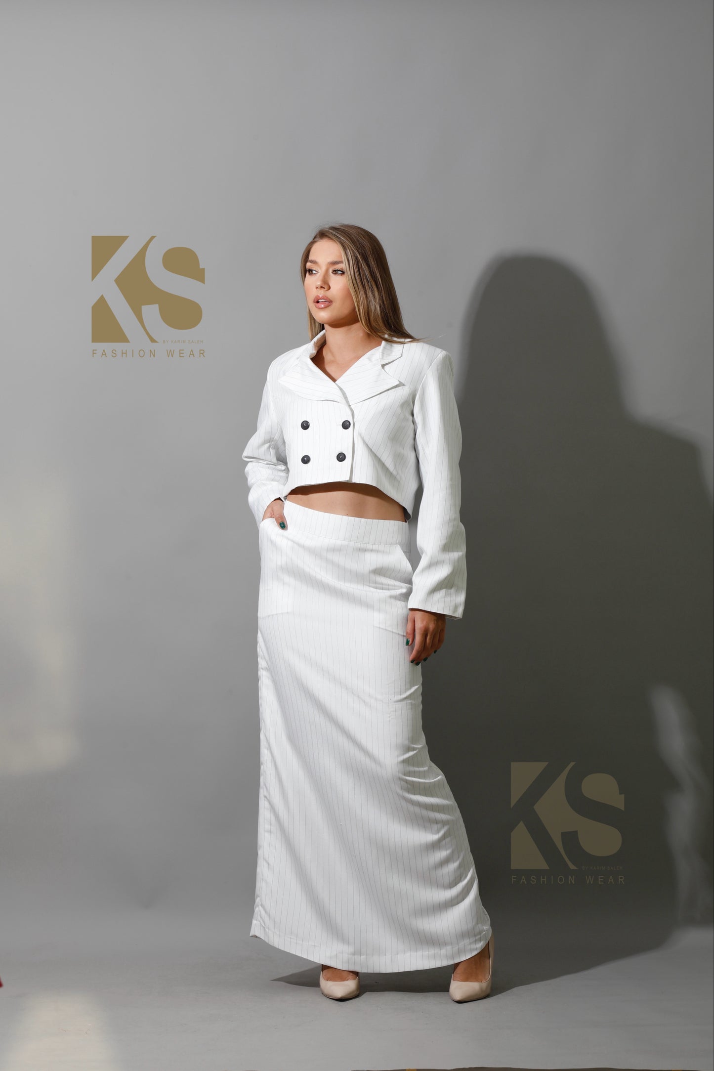 Striped Cropped Blazer Co-Ord - White