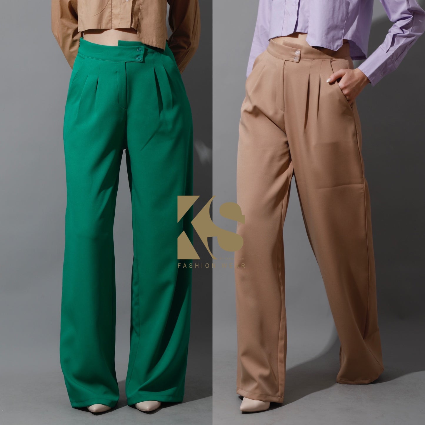 High Waist Wide Leg Trousers - Beige