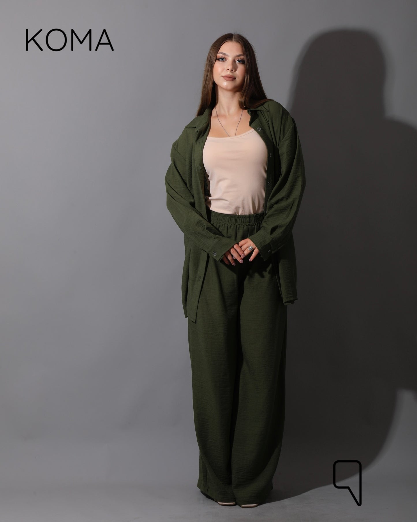 Co-Ord Lenin Long Sleeve Shirt & Wide Leg Trousers - Olive
