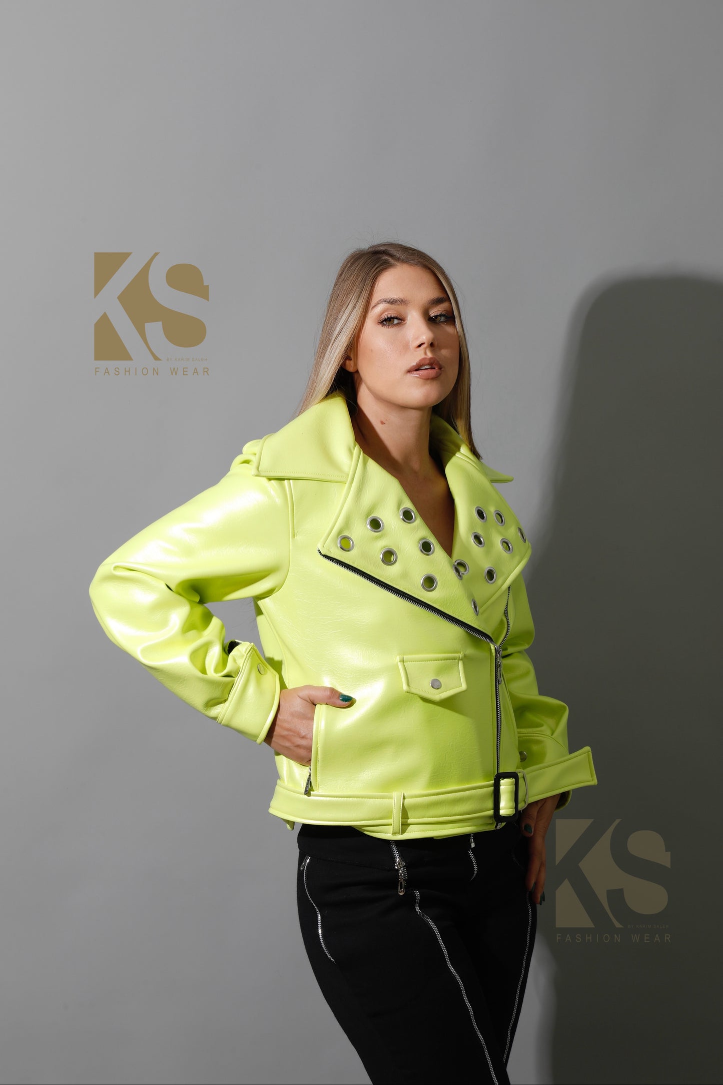 Textured Leather Biker Jacket - Lime Green