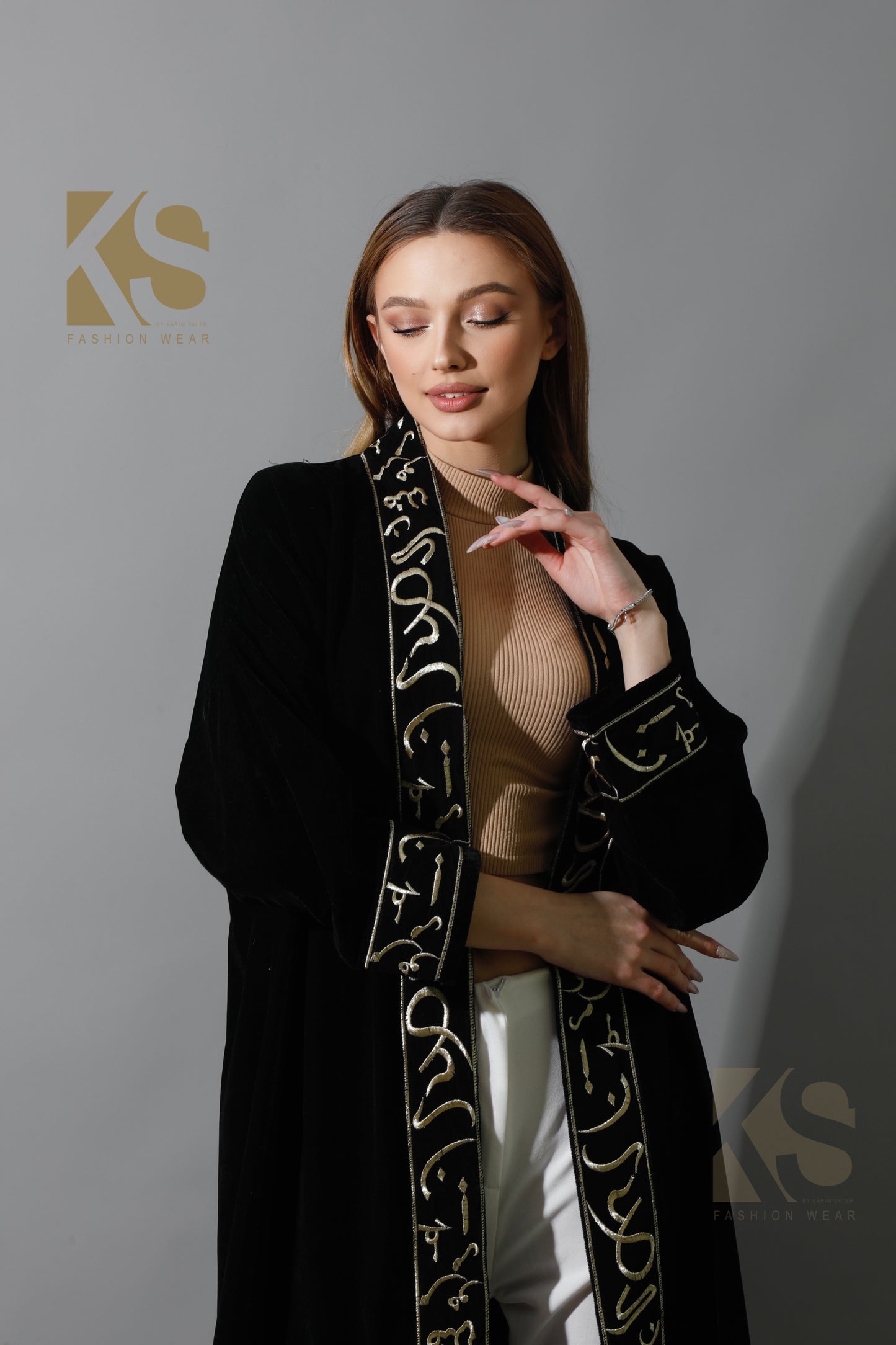 Arabic Letter Long Kaftan - Black & Gold