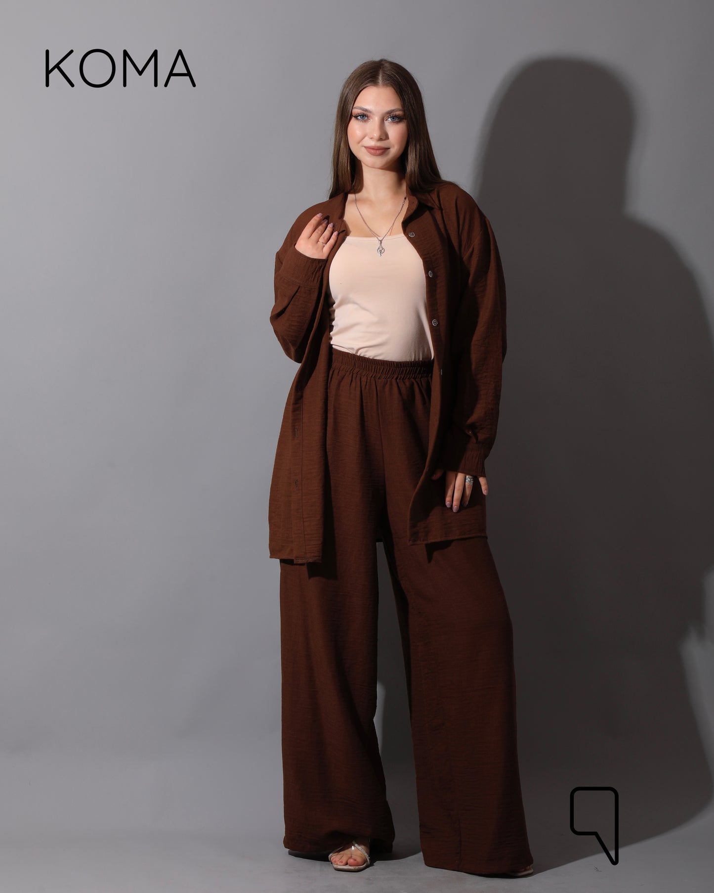 Co-Ord Lenin Long Sleeve Shirt & Wide Leg Trousers - Brown